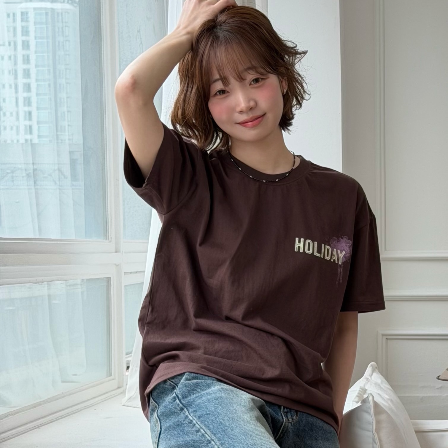 AMOU Holiday Half T-Shirts Brown, AMOU Holiday Half T- Shirts Purple 착용 스타일 - 2
