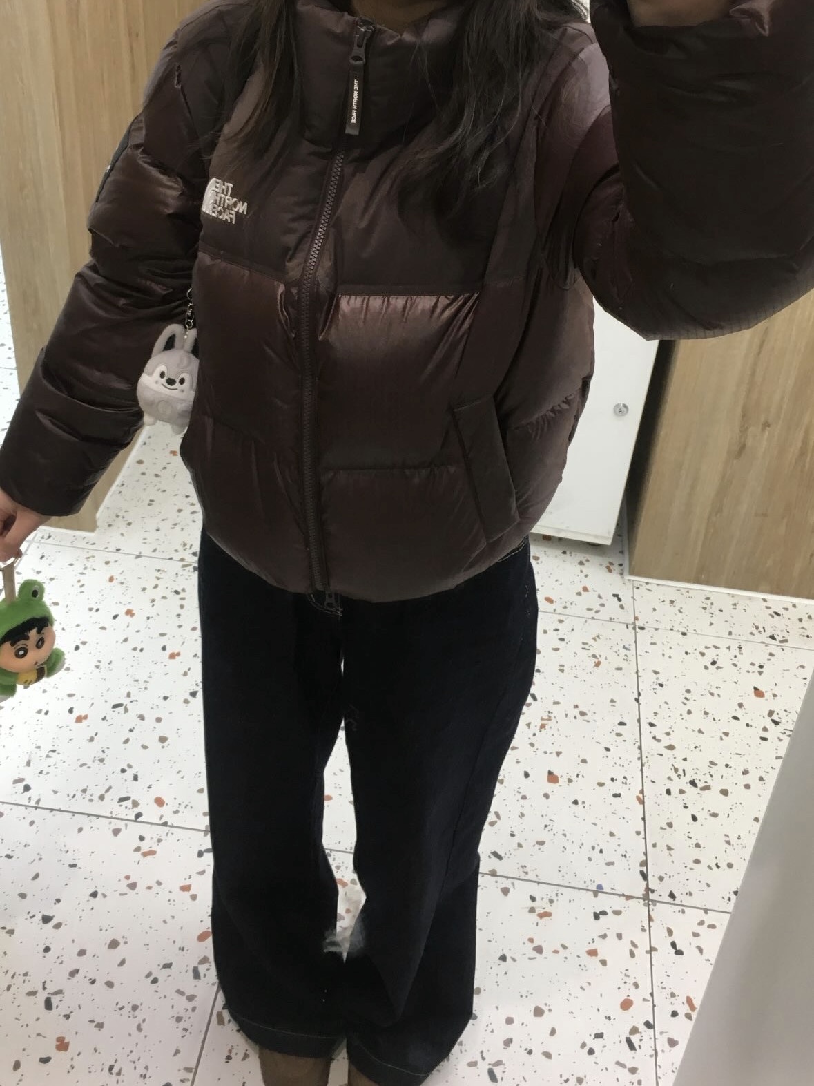 (W) The North Face White Label Novelty Nuptse RDS Down Jacket Cocoa Brown 착용 스타일