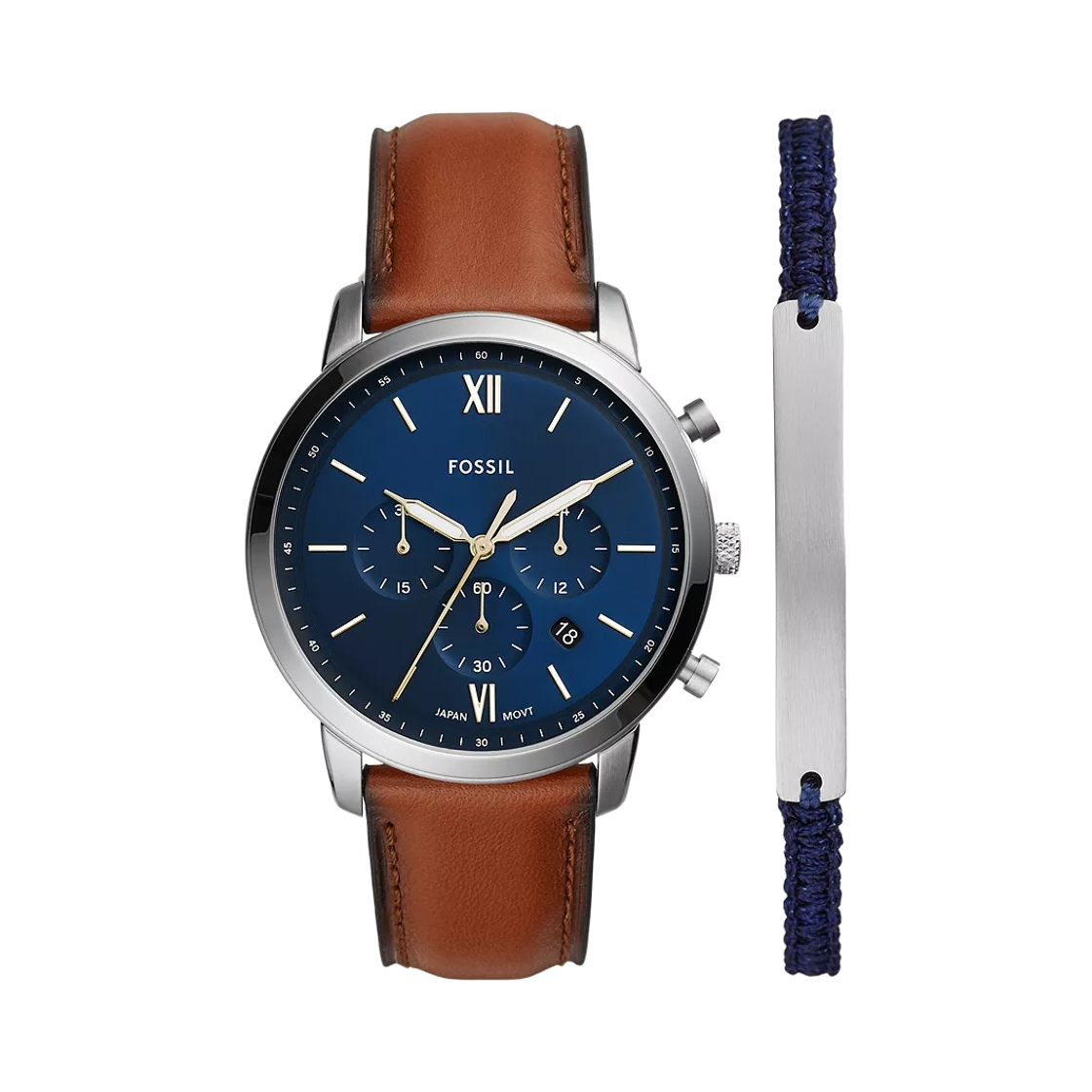 파슬 뉴트라 쿼츠 크로노그래프 44mm 러기지 레더 워치 브레이슬릿 세트 블루 브라운(Fossil Neutra Quartz Chronograph 44mm Luggage Leather Watch and Bracelet Set Blue Brown)