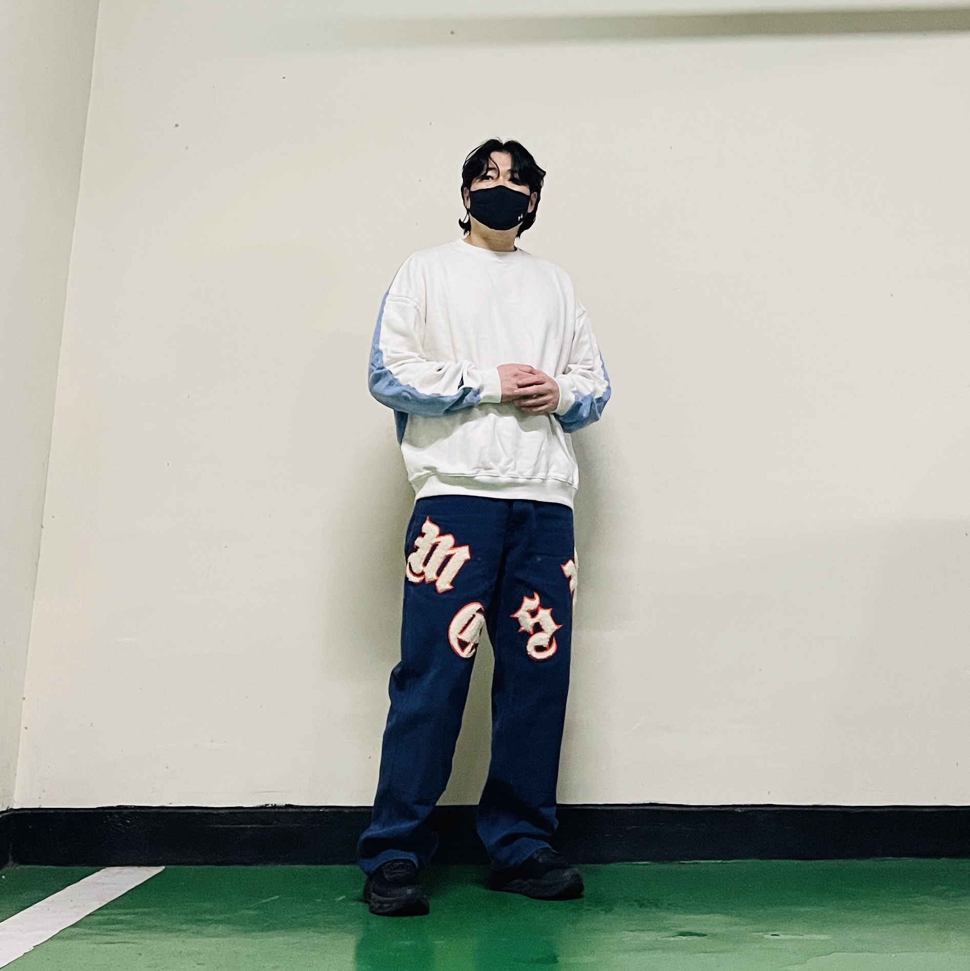 Kapital 2 Tone Big Fleece Sweatshirt Kinari Sax, Supreme Old English Canvas Double Knee Painter Pant Navy - 25SS 착용 스타일 - 3