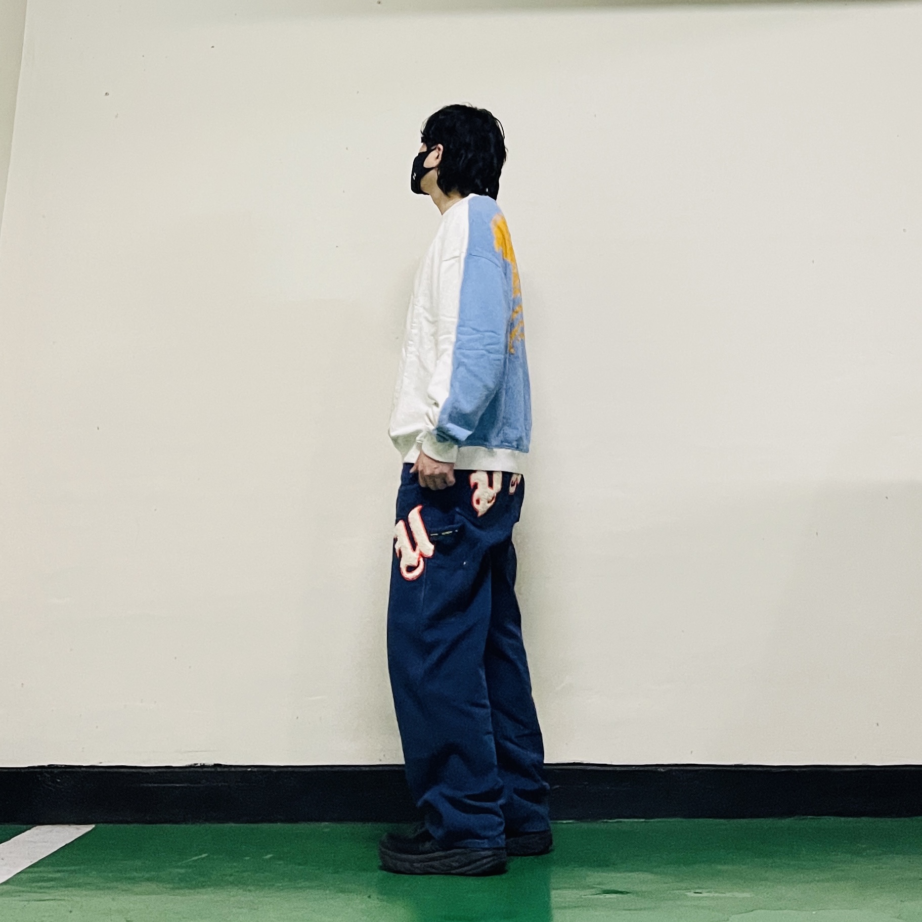 Kapital 2 Tone Big Fleece Sweatshirt Kinari Sax, Supreme Old English Canvas Double Knee Painter Pant Navy - 25SS 착용 스타일 - 5