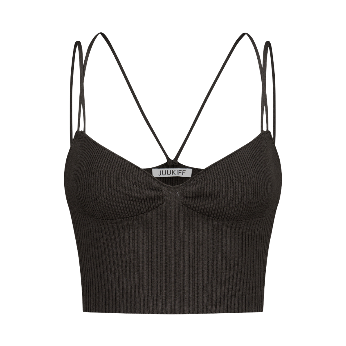 쥬키프 코튼믹스 크로스 스트랩 브라탑 다크 브라운(Juukiff Cross-Strap Seamless Bra Top In Mixed Cotton Dark Brown)