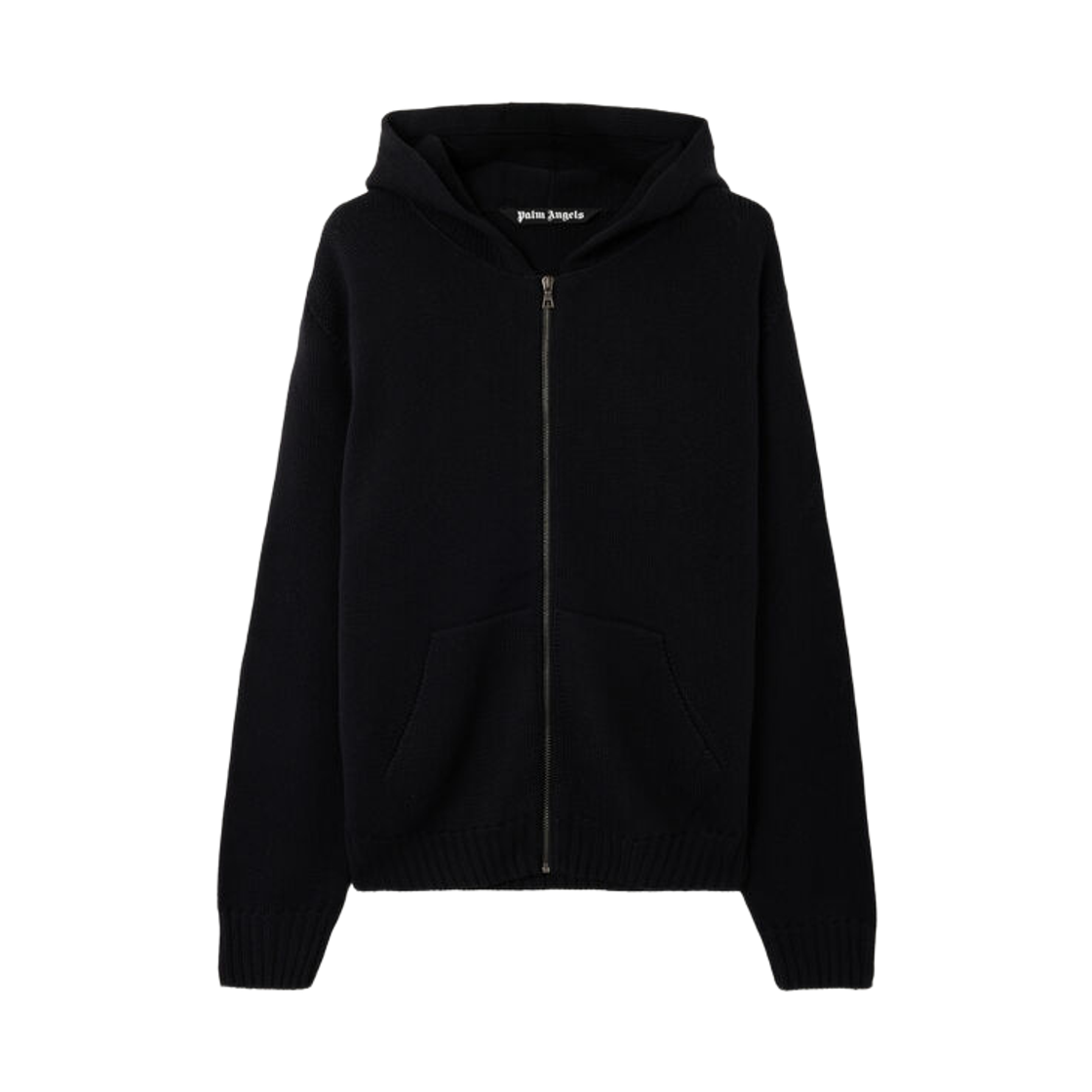 팜엔젤스 백 커브드 로고 니트 후디 - 블랙 화이트(Palm Angels Back Curved Logo Knit Hoodie - Black Off White)