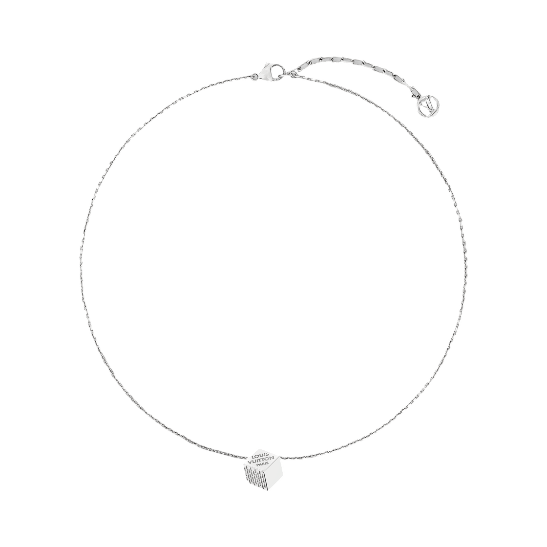 - (W) Louis Vuitton LV Cube Necklace Silver Sterling Silver