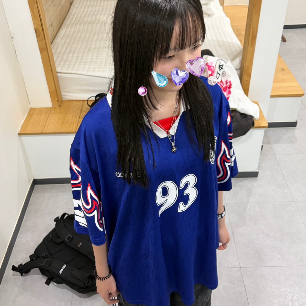 Adidas x BAPE Short Sleeve Flames Jersey Japan Blue - US Sizing (Non Marking Ver.), Adidas x BAPE Short Sleeve Flames Jersey Japan Blue - KR Sizing (Non Marking Ver.) 착용 스타일
