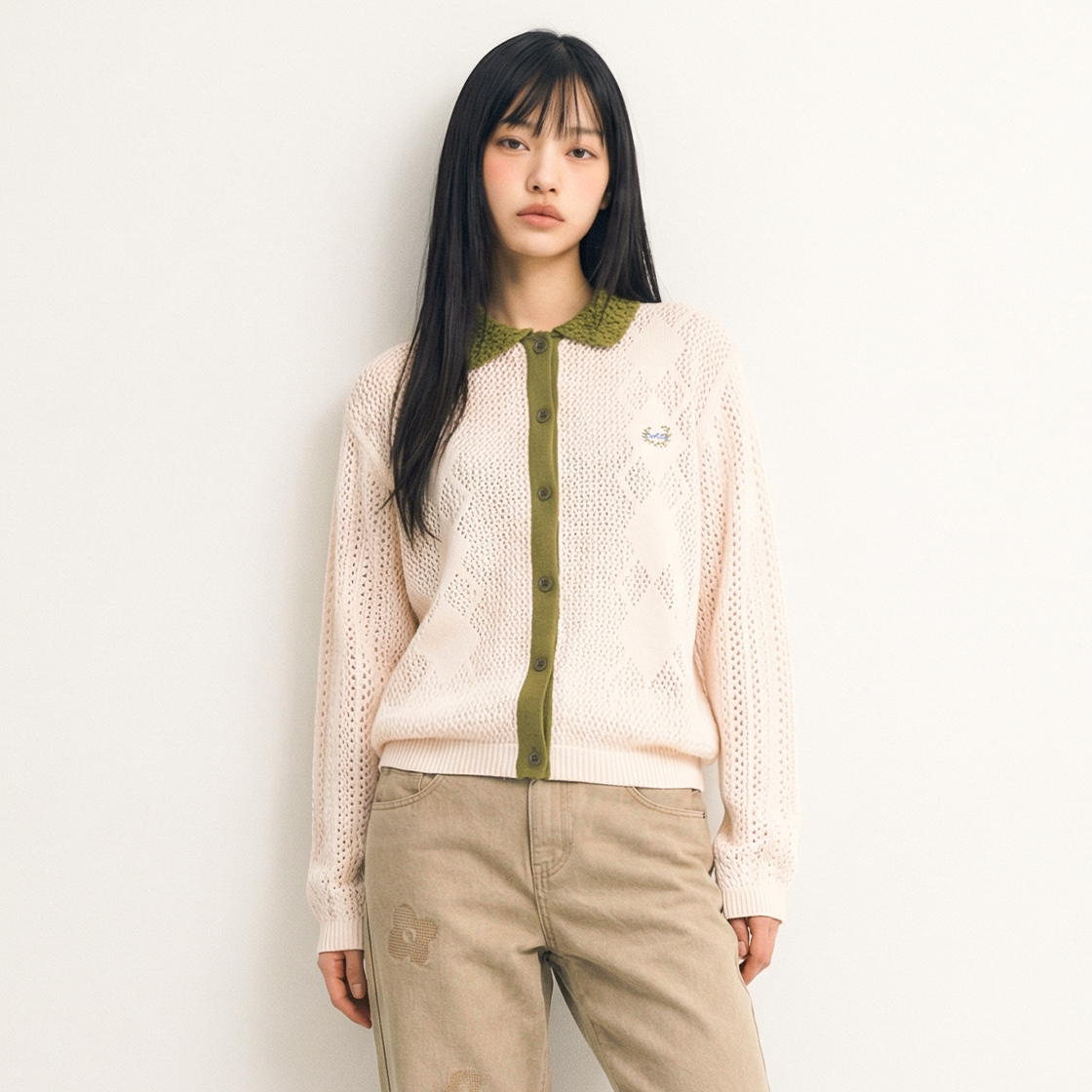 꼬떼 아가일 크로쉐 썸머 니트 가디건 올리브(COTTE Argyle Crochet Summer Knit Cardigan Olive) - 2