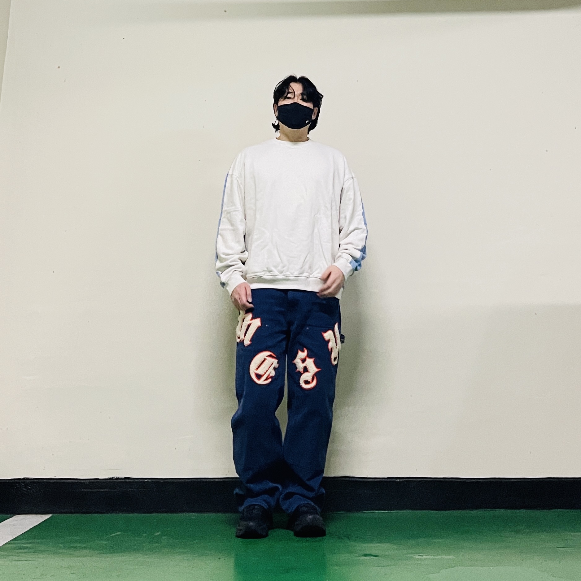 Kapital 2 Tone Big Fleece Sweatshirt Kinari Sax, Supreme Old English Canvas Double Knee Painter Pant Navy - 25SS 착용 스타일 - 2