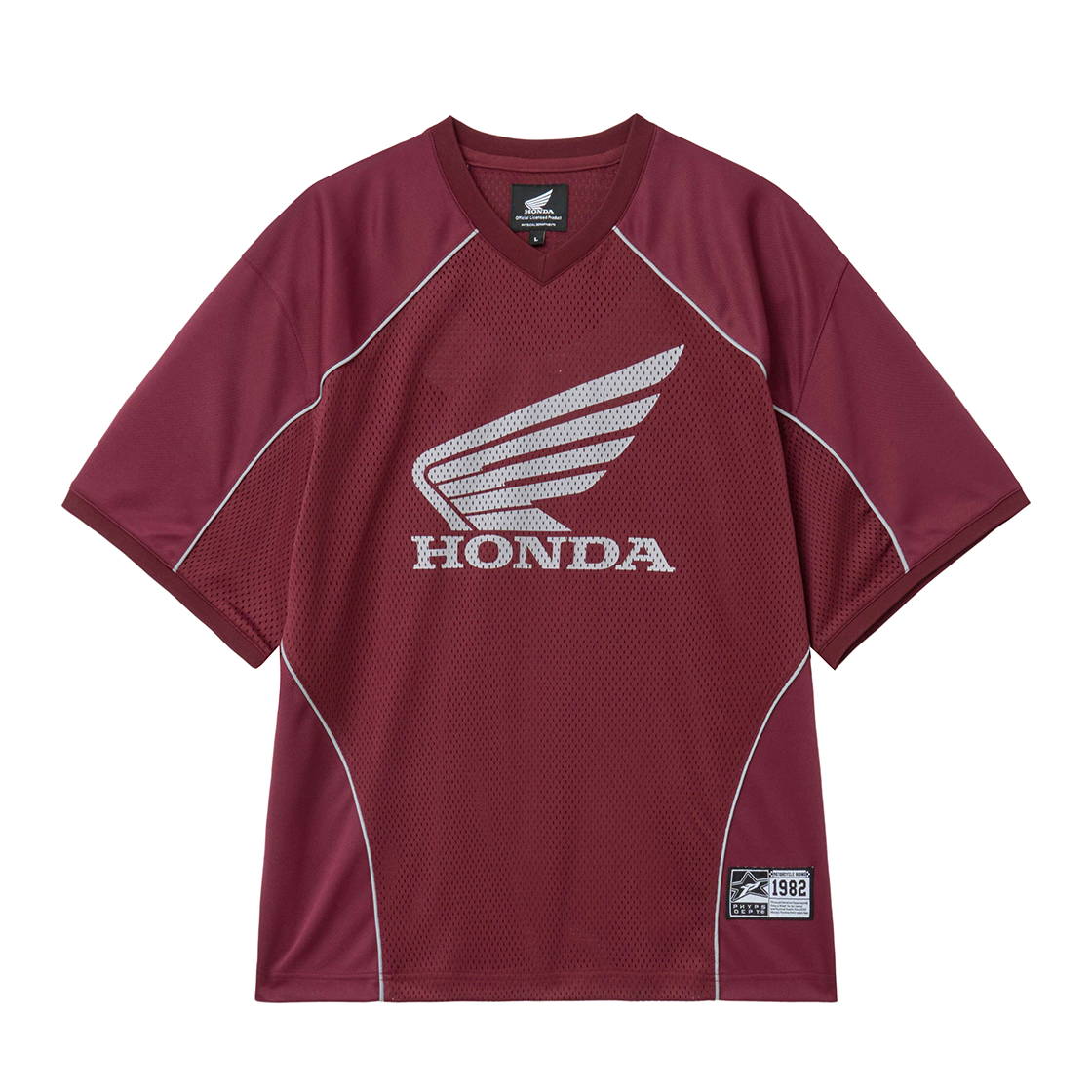 혼다 메쉬 파이핑 블록 모터사이클 숏슬리브 버건디(Honda Mesh Piping Block Motorcycle Short Sleeve Burgundy)