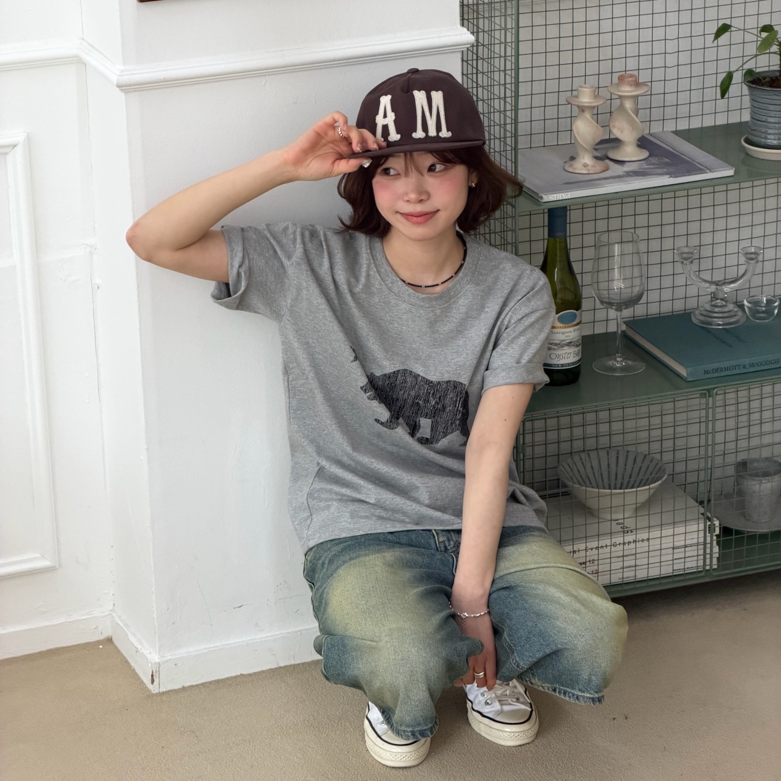 AMOU A.M 5Pannel Cap Brown, AMOU A.M 5Pannel Cap Navy 착용 스타일 - 5