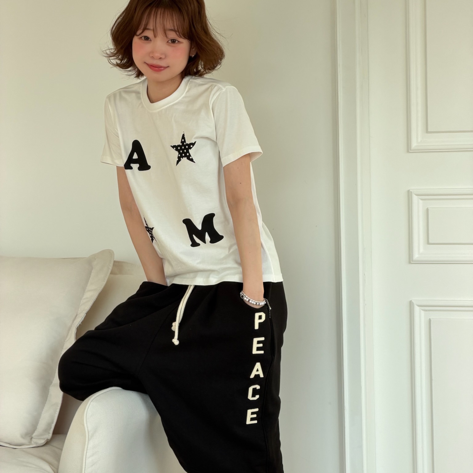 AMOU AM Star Half T-Shirts White, AMOU AM Star Half T-Shirts Light Blue 착용 스타일 - 5