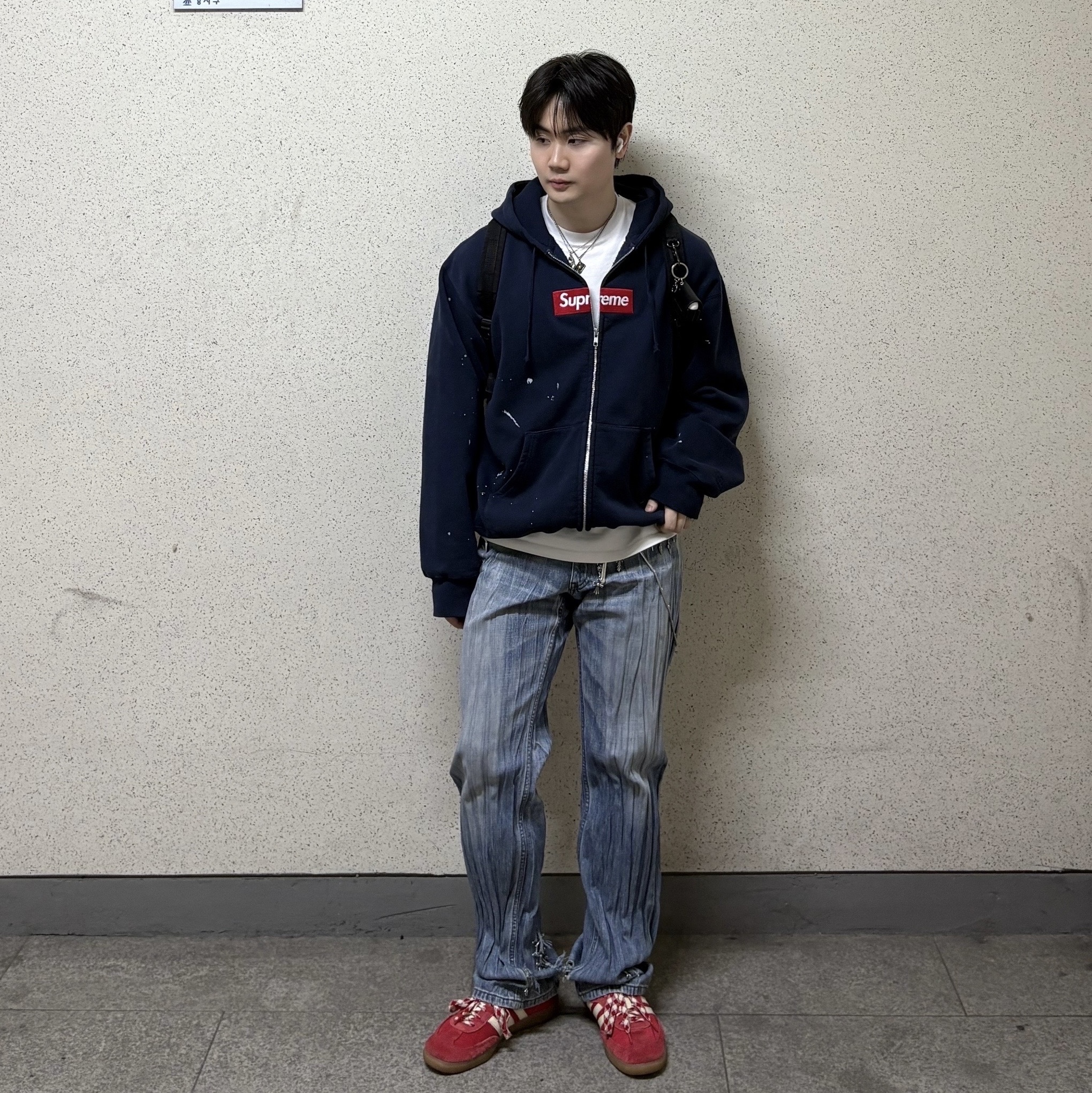 Supreme x MM6 Maison Margiela Box Logo Zip Up Hooded Sweatshirt Navy - 26SS 착용 스타일 - 1