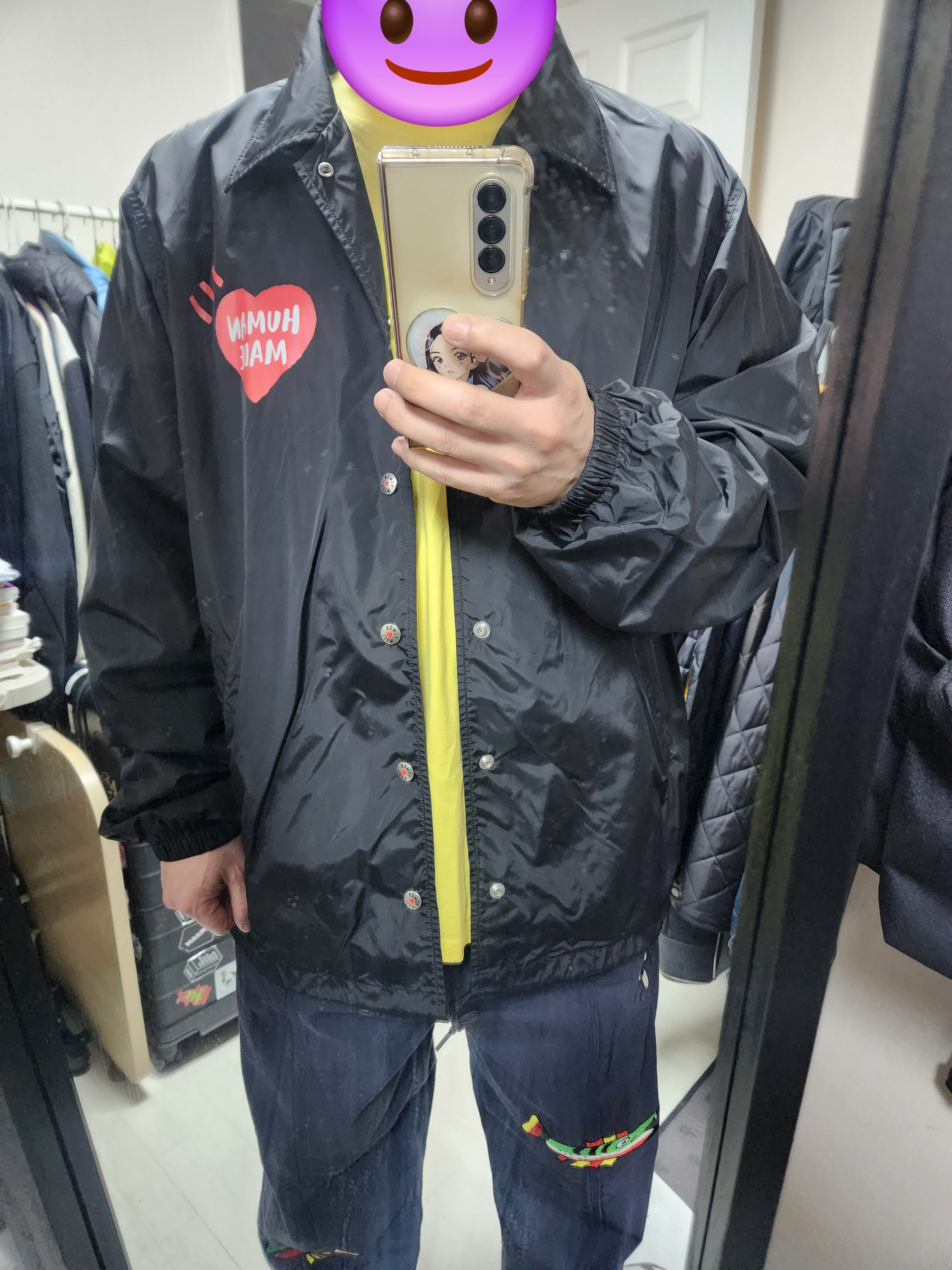 Human Made Coach Jacket Black, Jordan 1 Low White Varsity Red 착용 스타일 - 1
