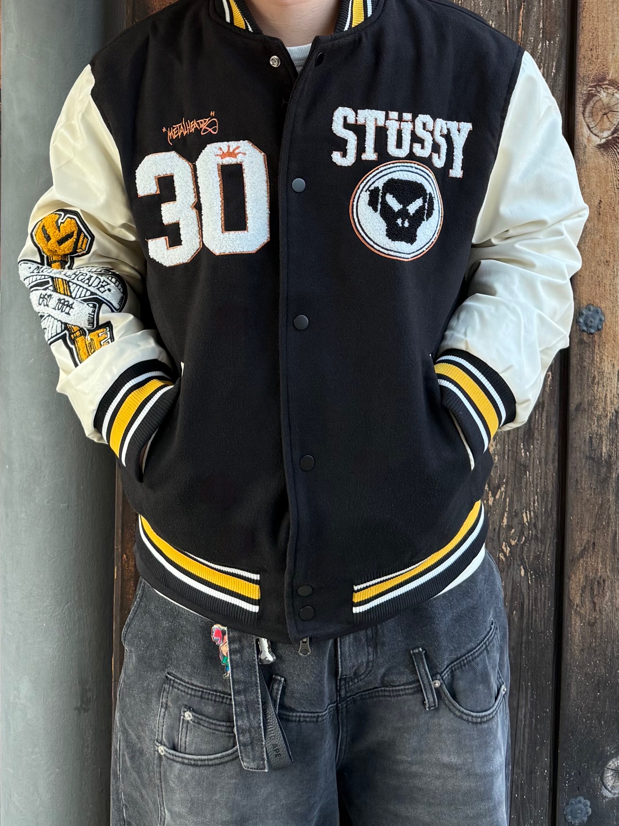 Stussy x Goldie Metalheadz 30 Varsity Jacket Black 착용 스타일