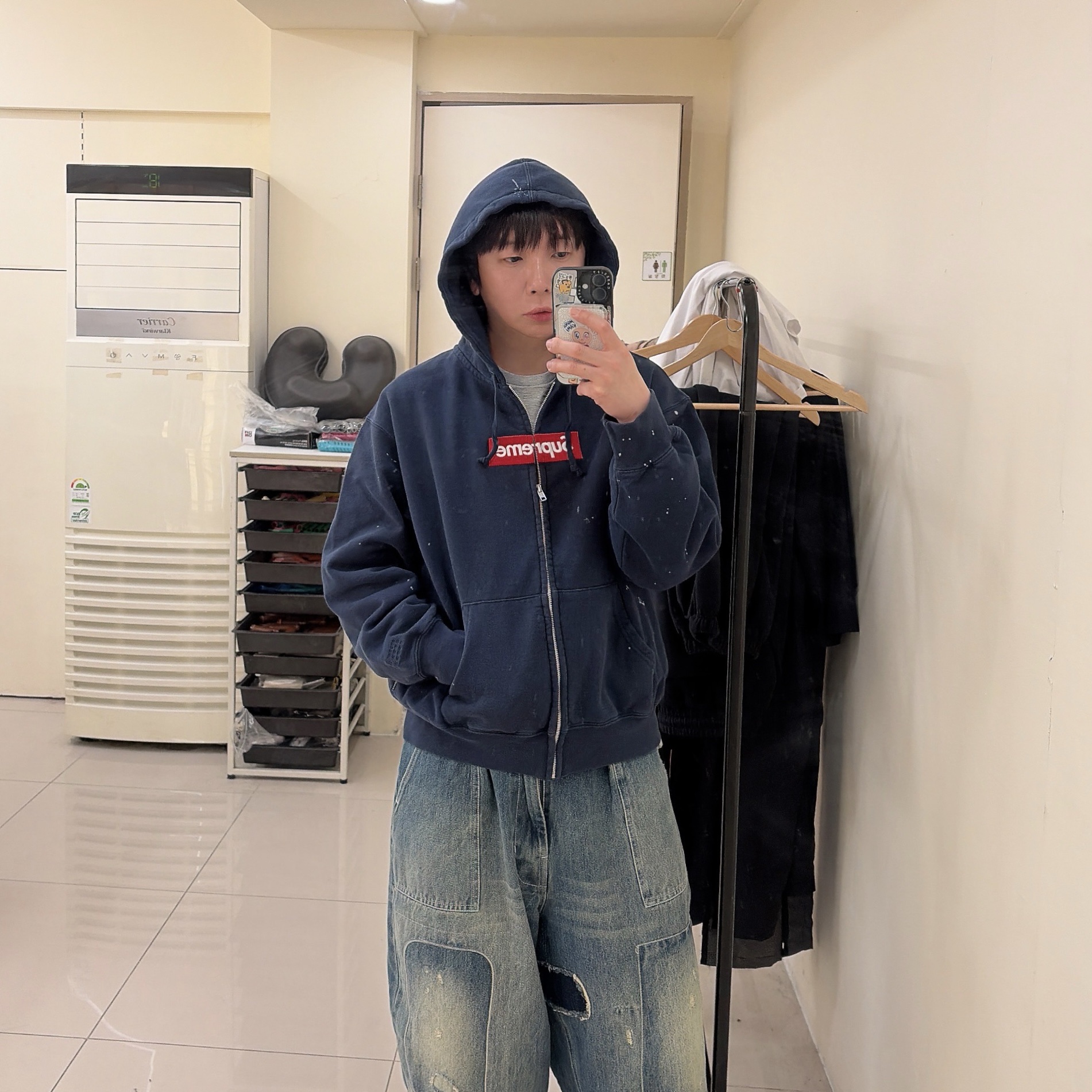 Supreme x MM6 Maison Margiela Box Logo Zip Up Hooded Sweatshirt Navy - 26SS 착용 스타일