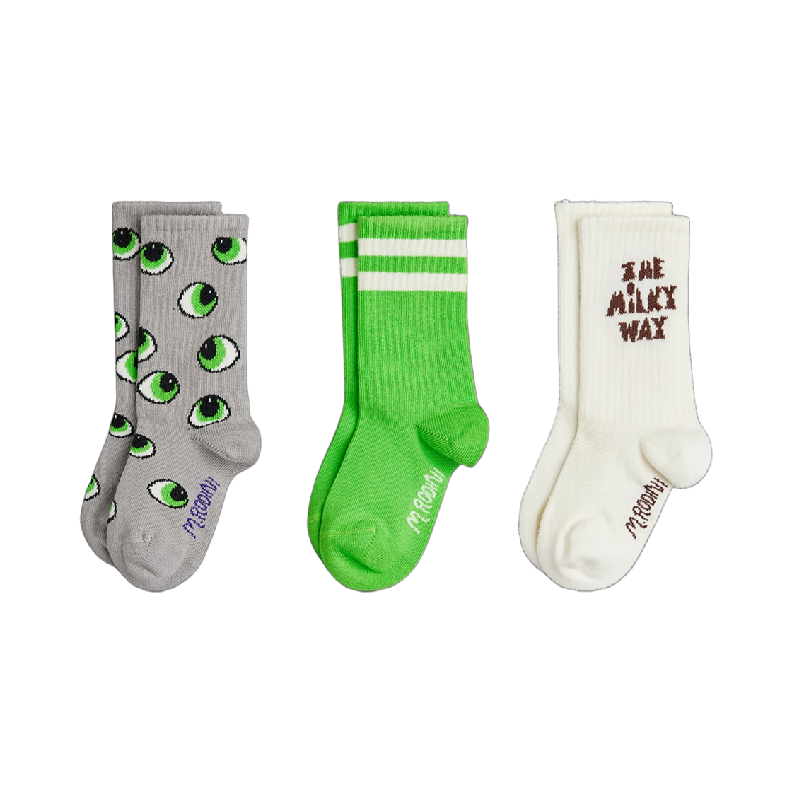 (키즈) 미니 로디니 밀키 웨이 삭스 그레이 그린 (3개입)((Kids) Mini Rodini Milky Way Socks Grey Green (3 Pack))