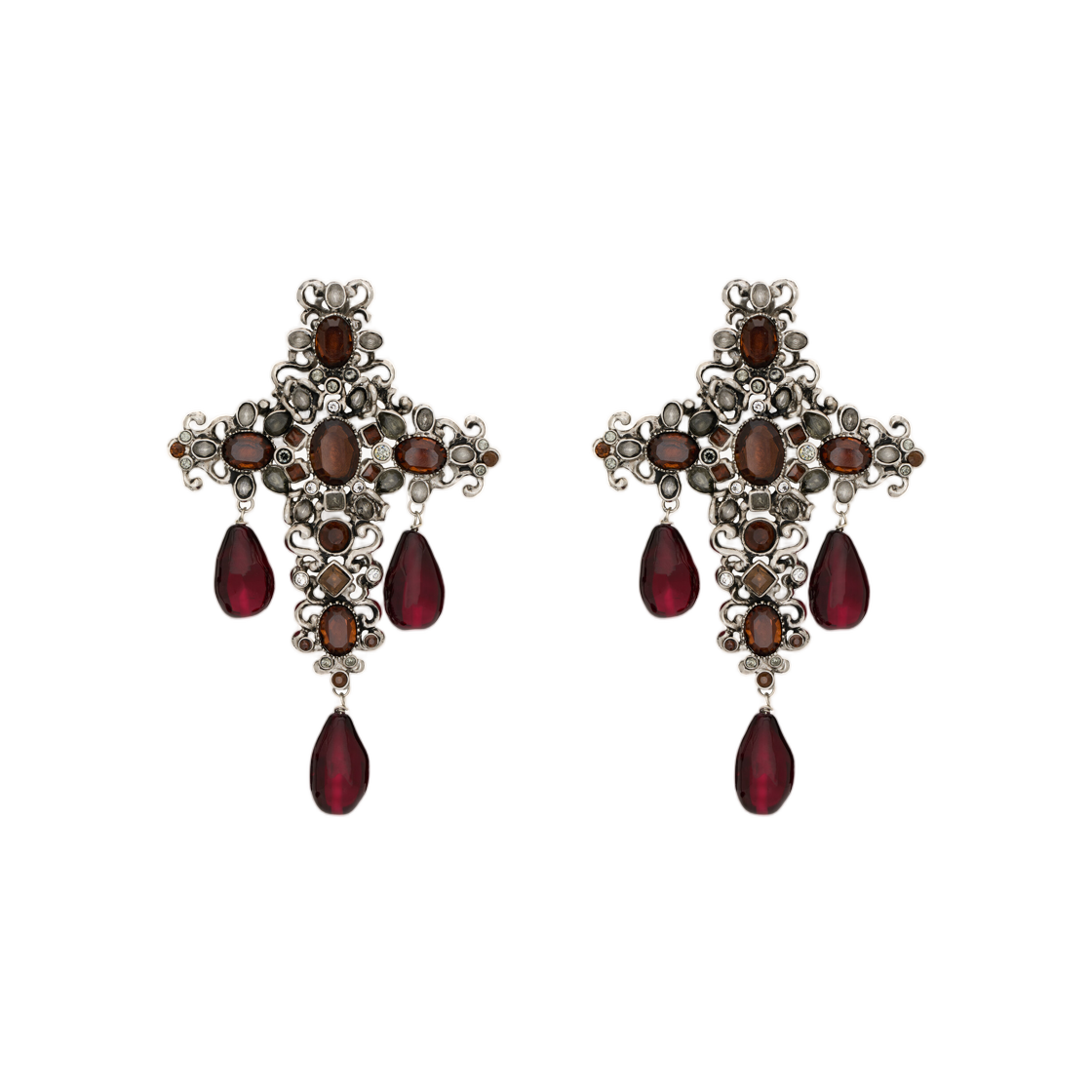생로랑 크리스탈 크로스 이어링 레진 앤 메탈 레드 스모크드 토파즈 크리스탈(Saint Laurent Crystal Cross Earrings in Resin and Metal Red Smoked Topaz Crystal) - 1
