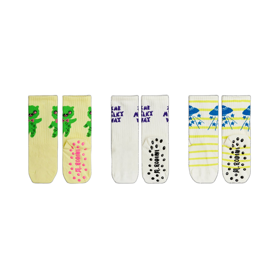 (키즈) 미니 로디니 립드 니트 삭스 옐로우 화이트 (3개입)((Kids) Mini Rodini Ribbed Knit Socks Yellow White (3 Pack))