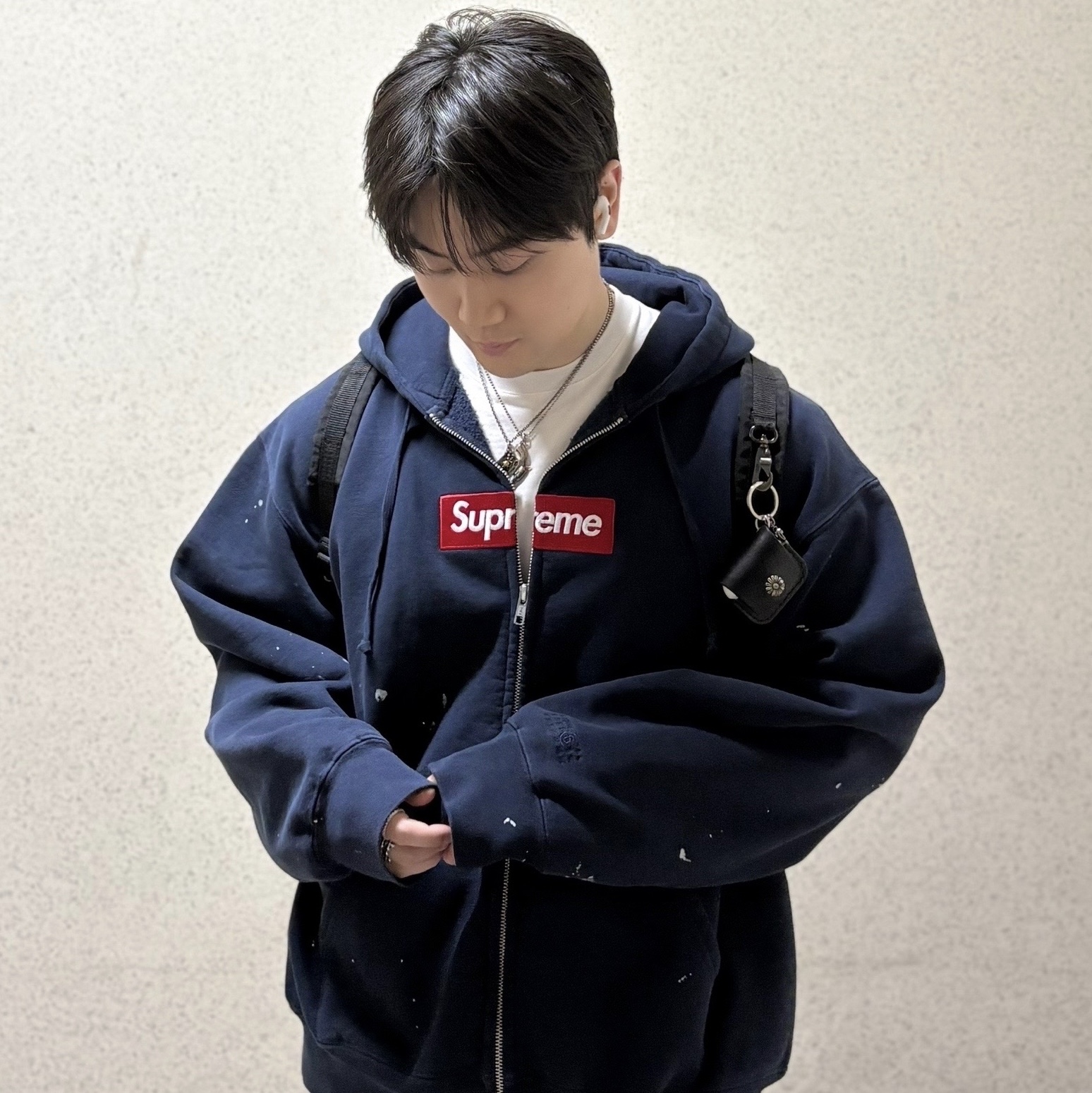 Supreme x MM6 Maison Margiela Box Logo Zip Up Hooded Sweatshirt Navy - 26SS 착용 스타일 - 2