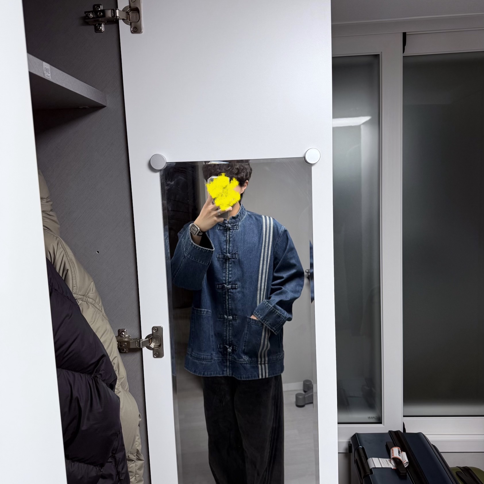 Adidas Chinese Denim Jacket Neutral Denim Blue - US Sizing 착용 스타일