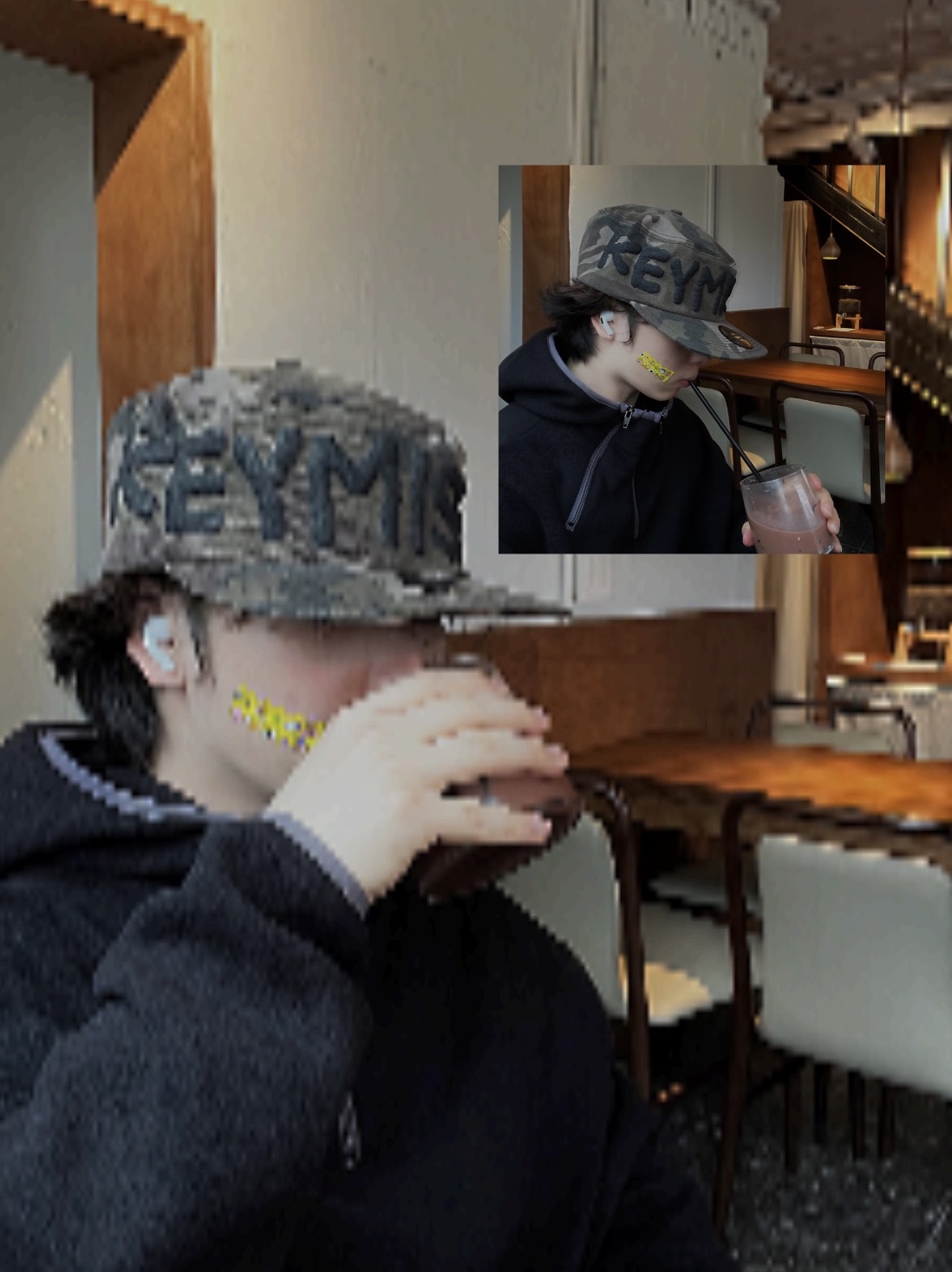 Keymisery Whisper Pillbox Cap Camo, Asics Life Walker 101 Dark Brown Beige - 3E Wide 착용 스타일 - 1