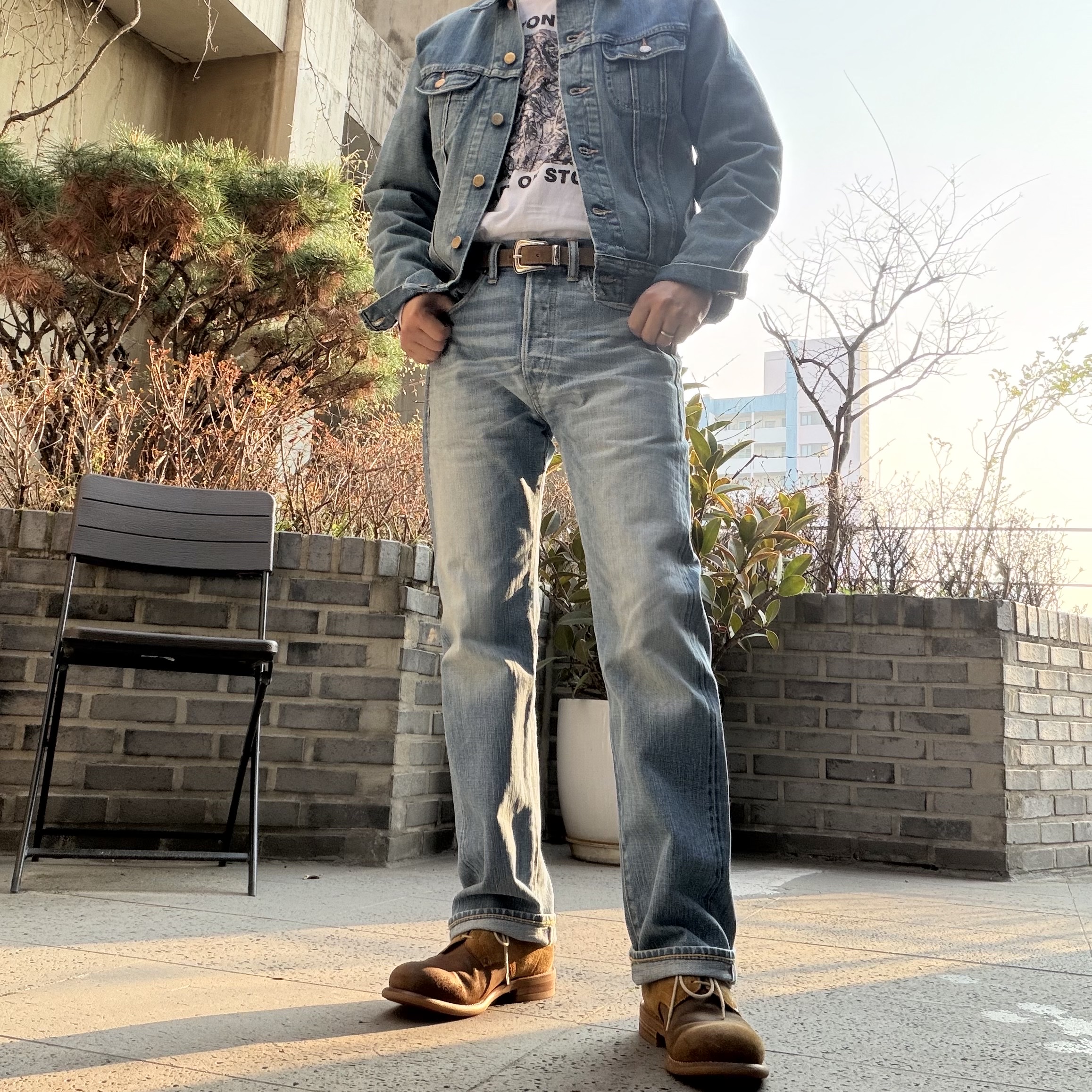 Double RL Indigo Denim Jacket Leland Wash, Grds Boots 02 Suede Olive Drab 착용 스타일