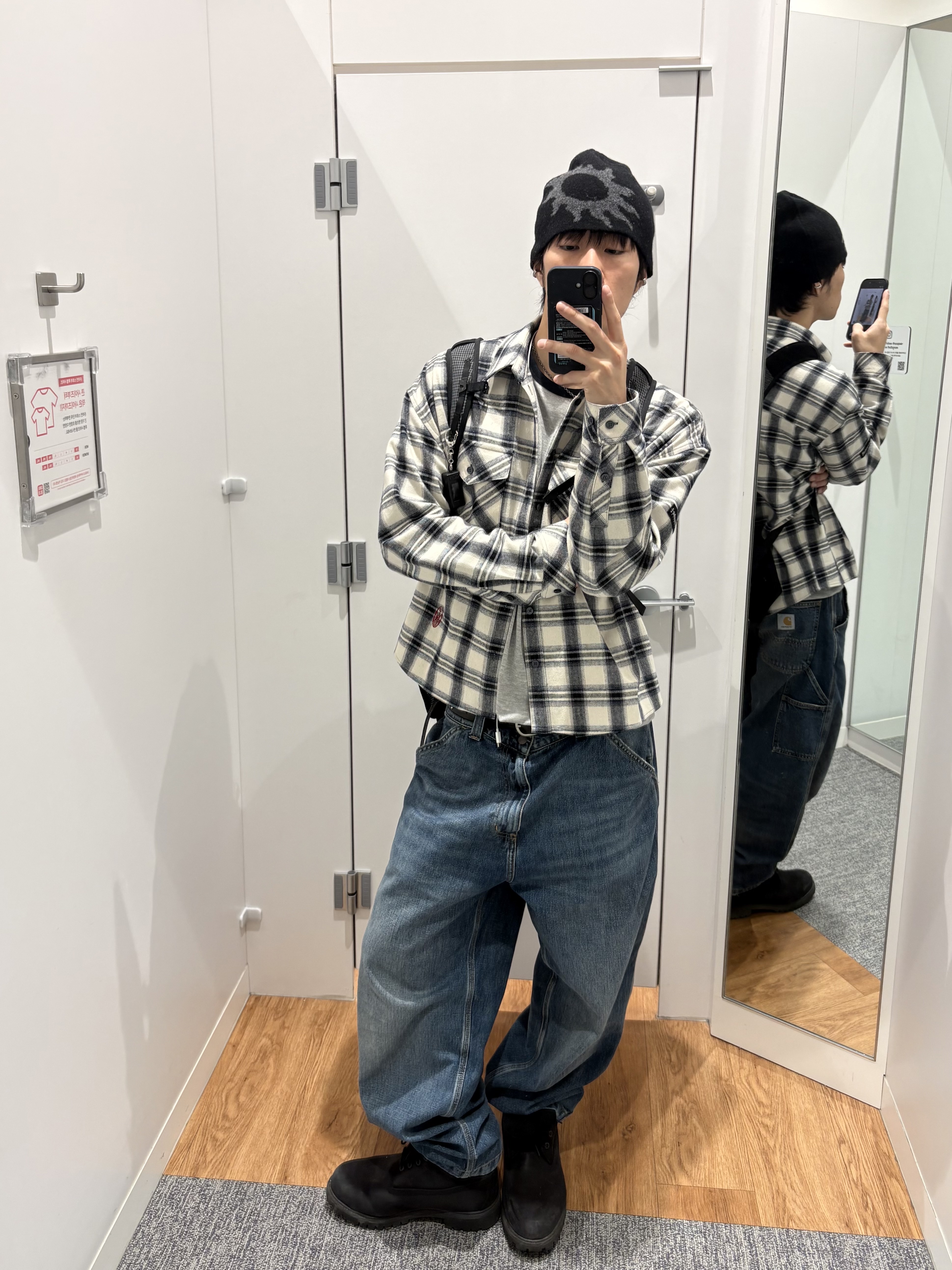 [더블적립]Farfromwhat Far Logo Flannel Shirts, Carhartt WIP Smith Denim Single Knee Pants Blue Stone Washed 착용 스타일 - 2