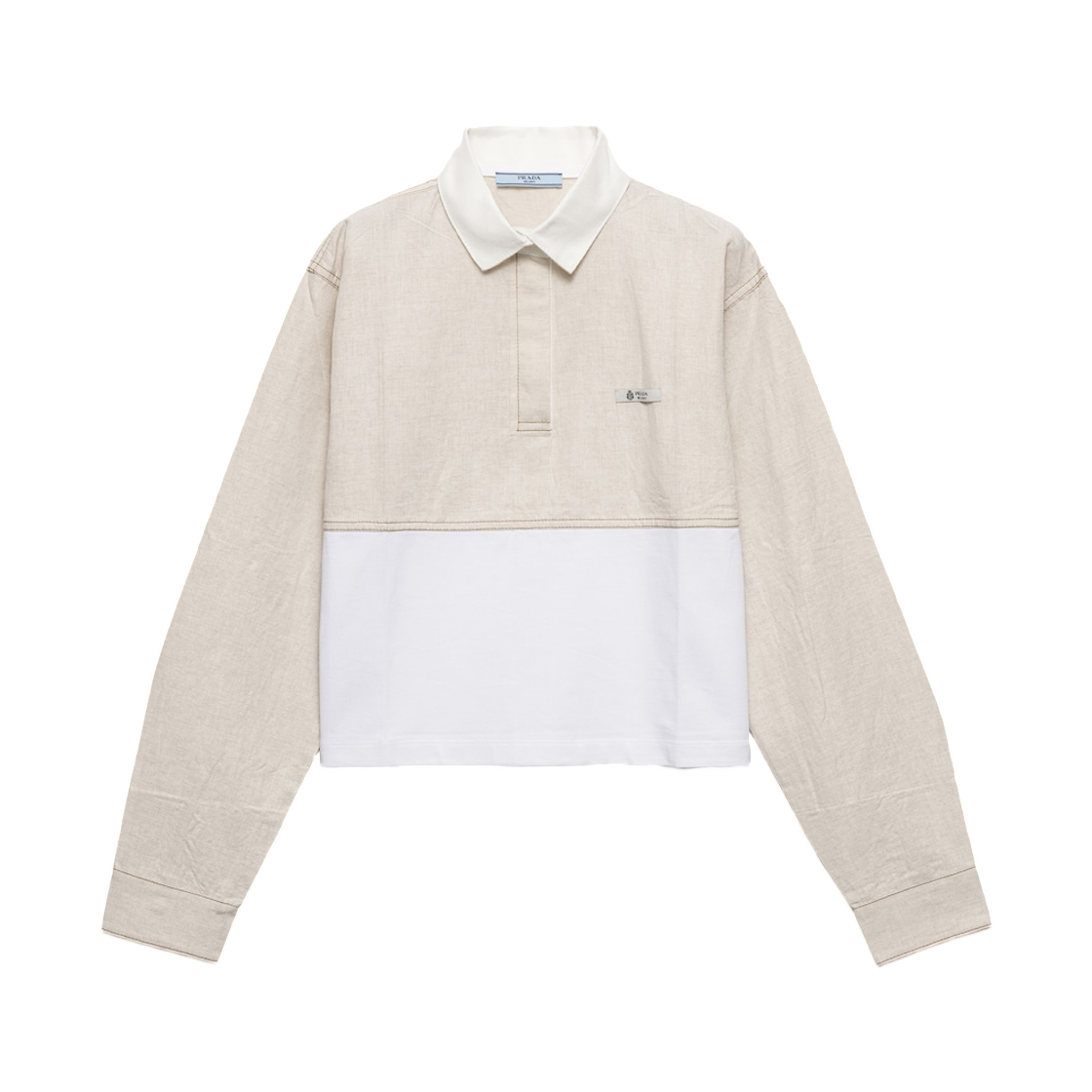 (W) 프라다 샴브레이 앤 저지 폴로 셔츠 에크루 화이트((W) Prada Chambray and Jersey Polo Shirt Ecru White)
