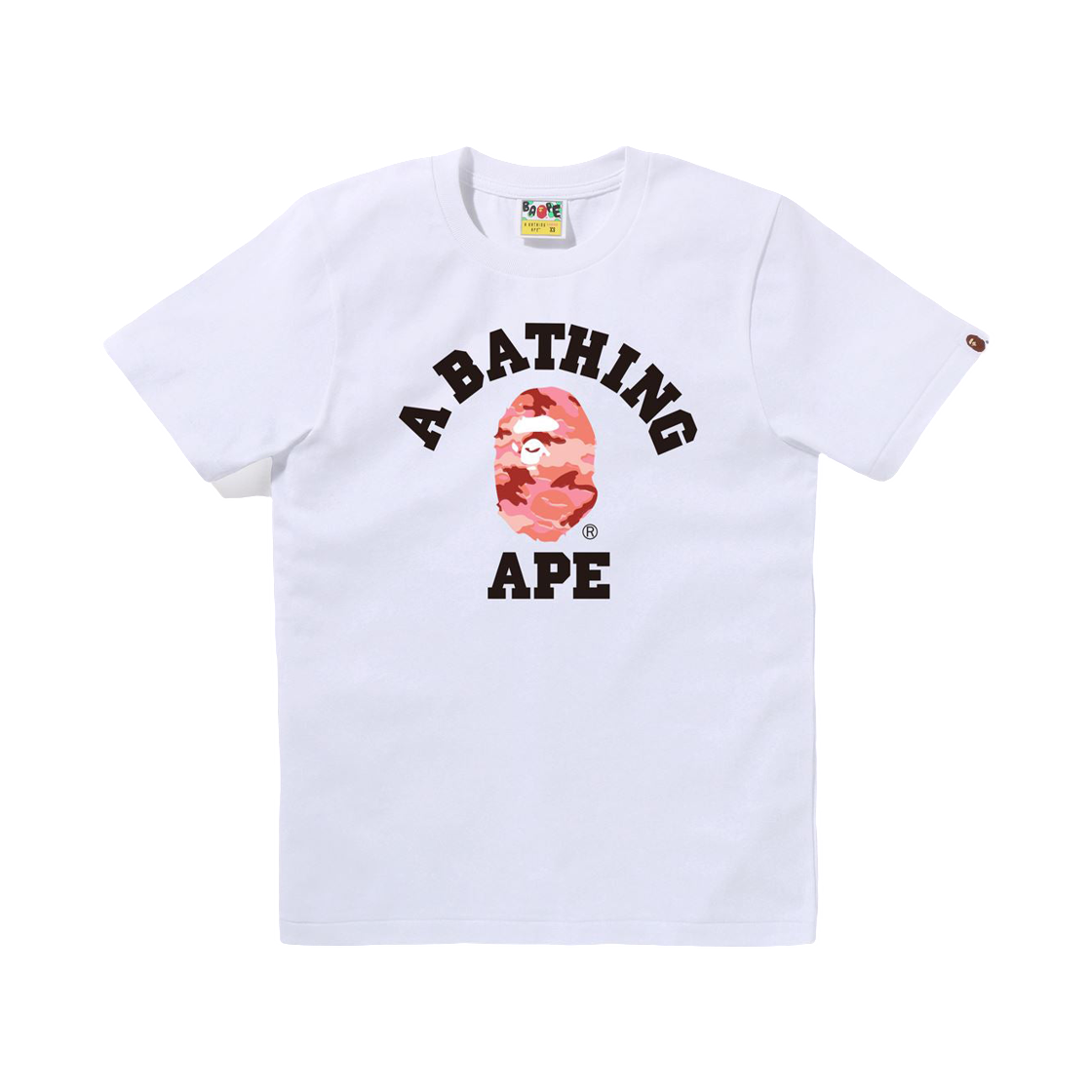 (W) 베이프 글리치 우드랜드 카모 컬리지 티셔츠 화이트 핑크((W) BAPE Glitch Woodland Camo College T-Shirt White Pink)