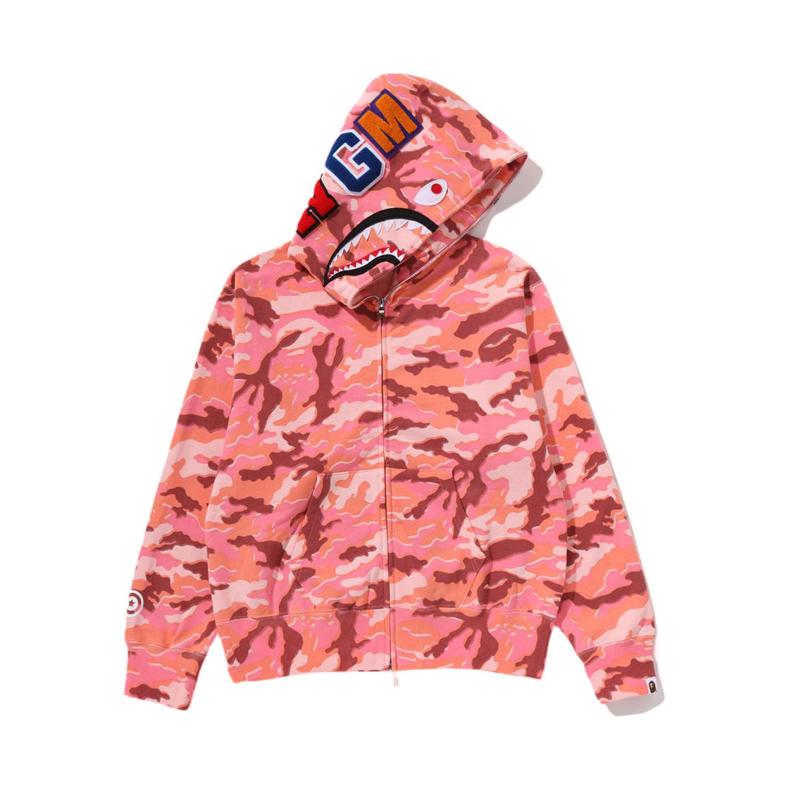 (W) 베이프 글리치 우드랜드 카모 샤크 풀 집 후드 핑크((W) BAPE Glitch Woodland Camo Shark Full Zip Hoodie Pink)