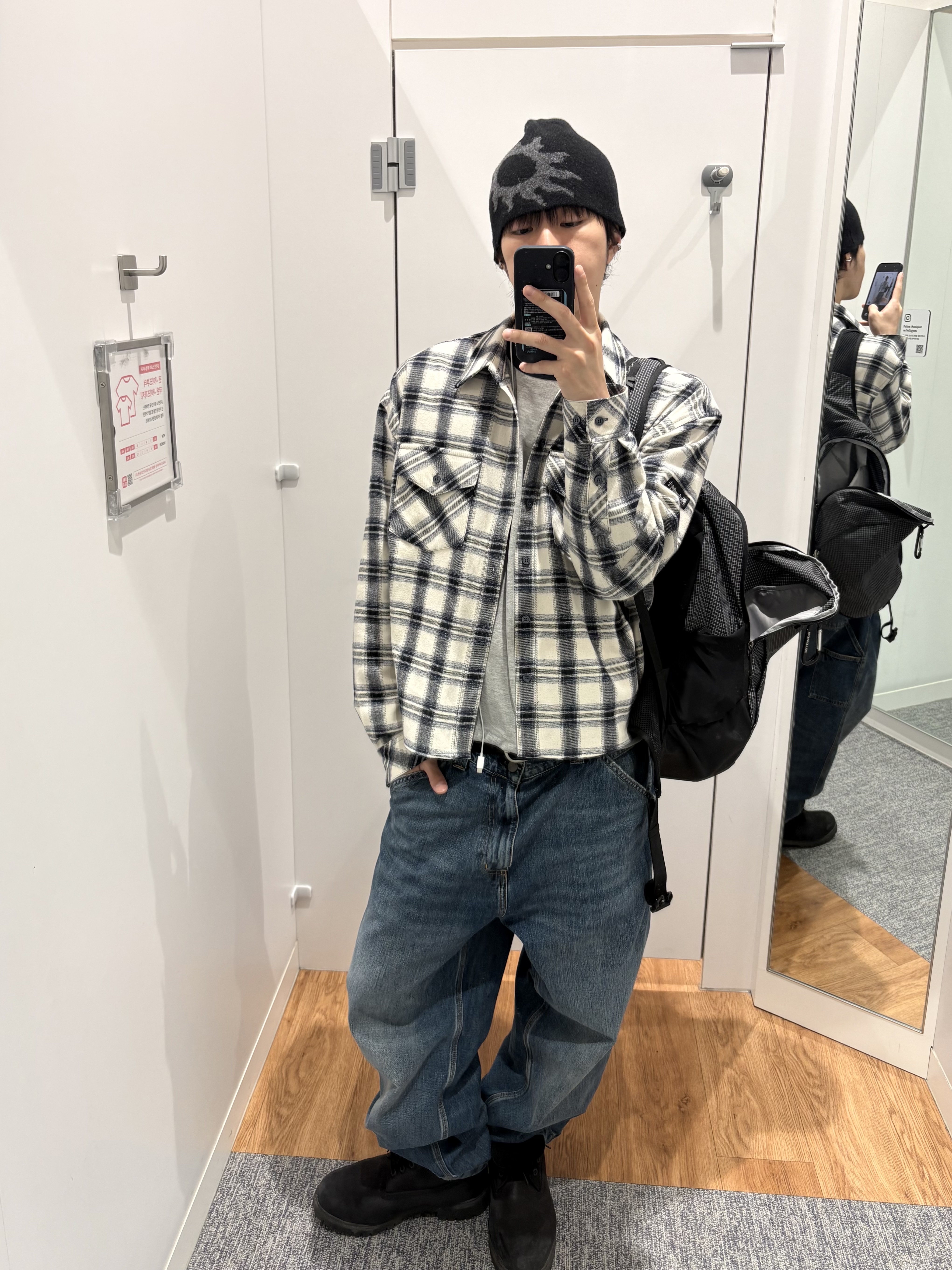 [더블적립]Farfromwhat Far Logo Flannel Shirts, Carhartt WIP Smith Denim Single Knee Pants Blue Stone Washed 착용 스타일 - 7