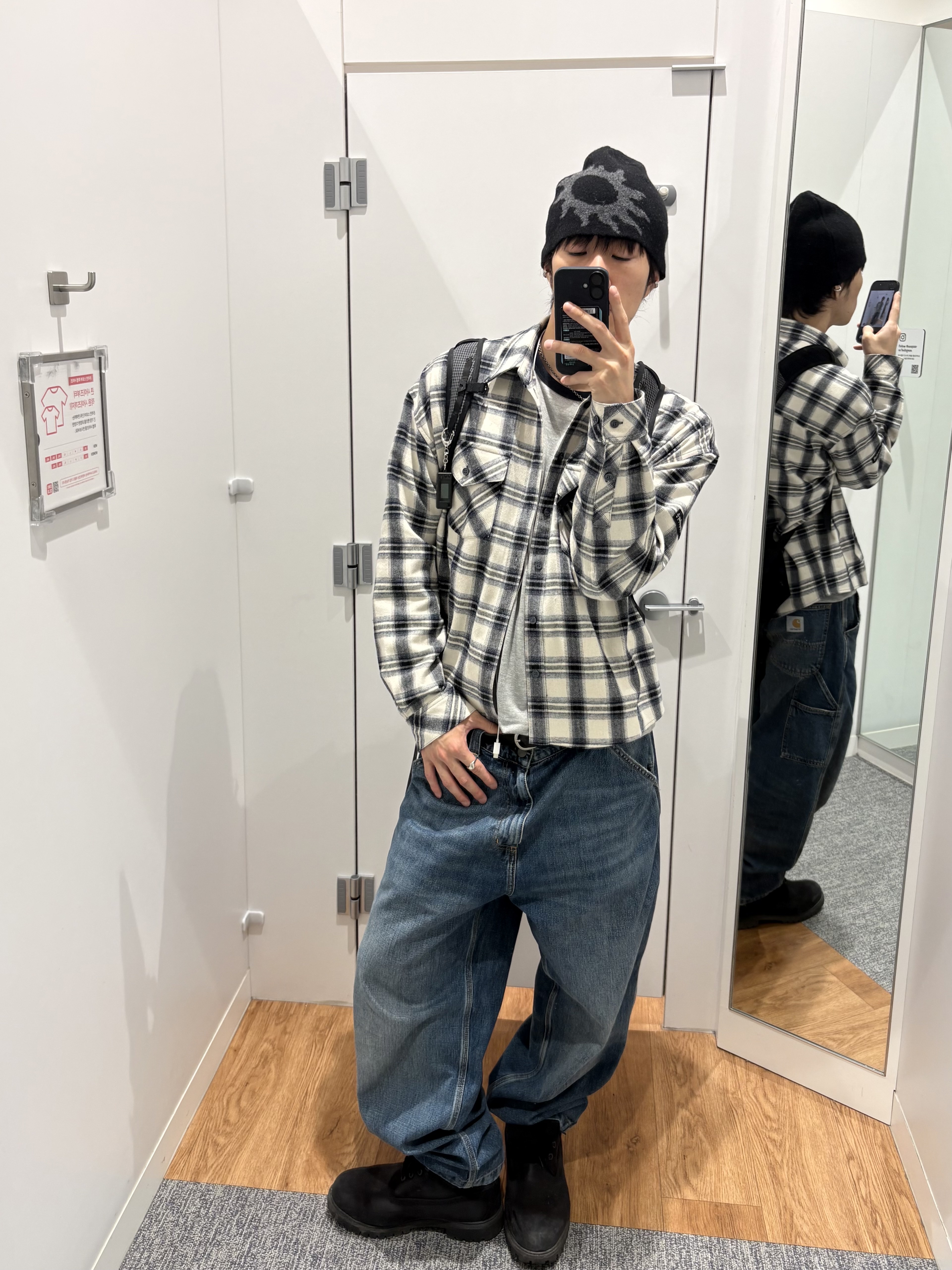 [더블적립]Farfromwhat Far Logo Flannel Shirts, Carhartt WIP Smith Denim Single Knee Pants Blue Stone Washed 착용 스타일 - 3