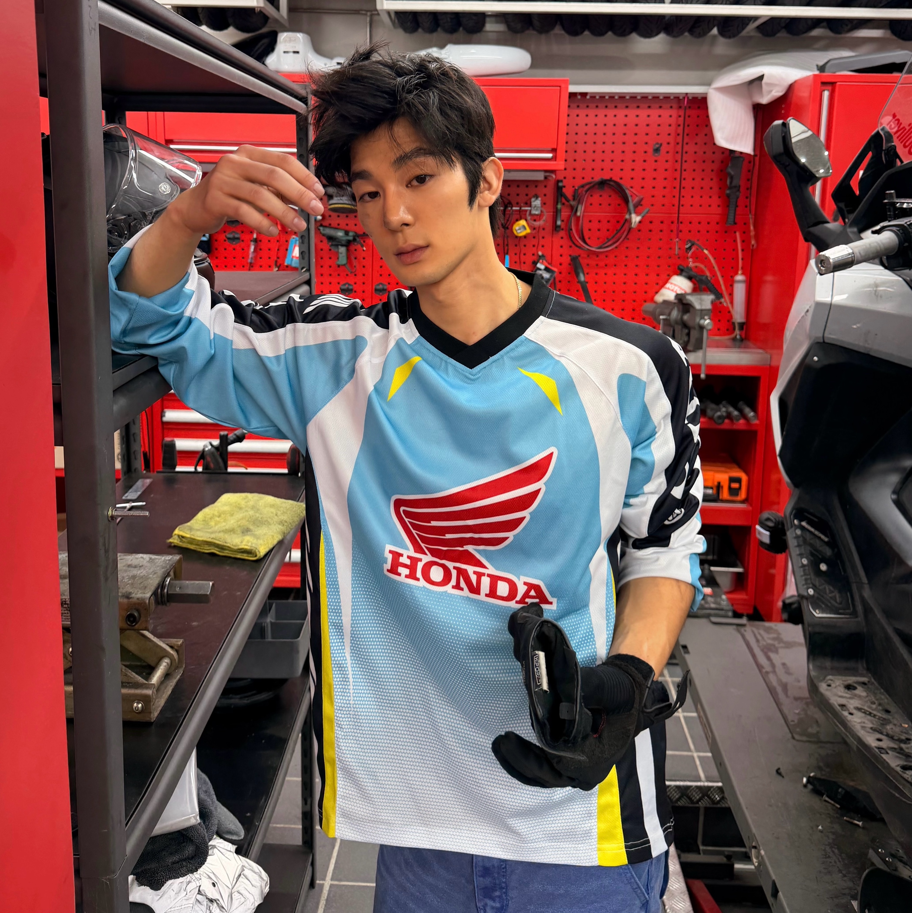 Honda Mesh Motorcycle Jersey Light Blue 착용 스타일