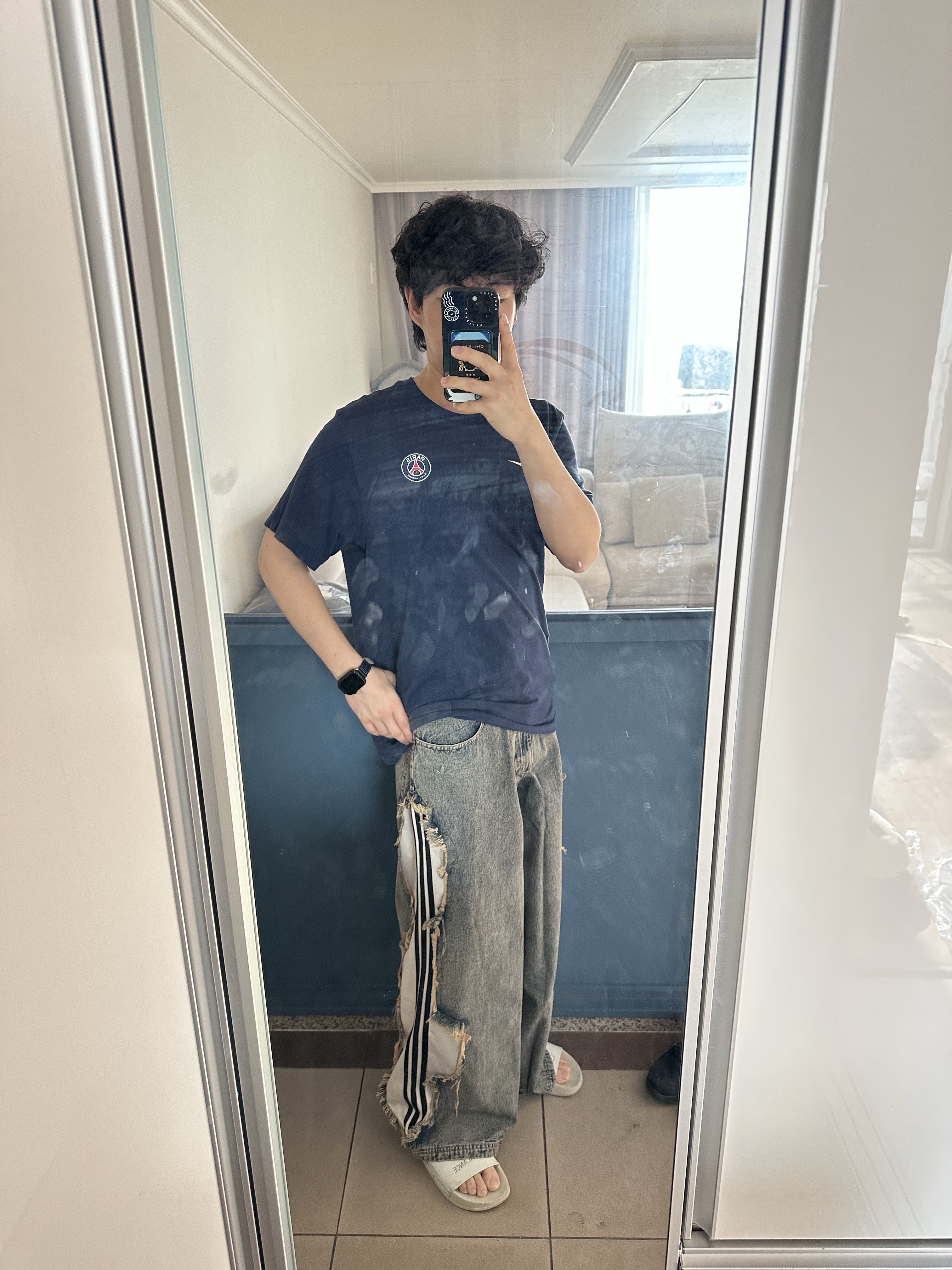 (W) Adidas Adilenium 5.0 Deconstructed Denim Pants Chalky Brown - KR Sizing 착용 스타일