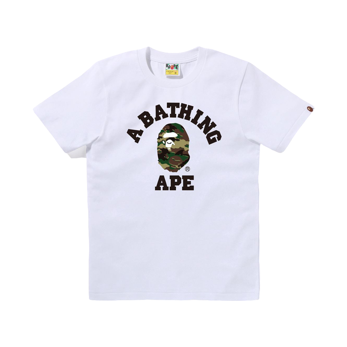 (W) 베이프 글리치 우드랜드 카모 컬리지 티셔츠 화이트 그린((W) BAPE Glitch Woodland Camo College T-Shirt White Green)