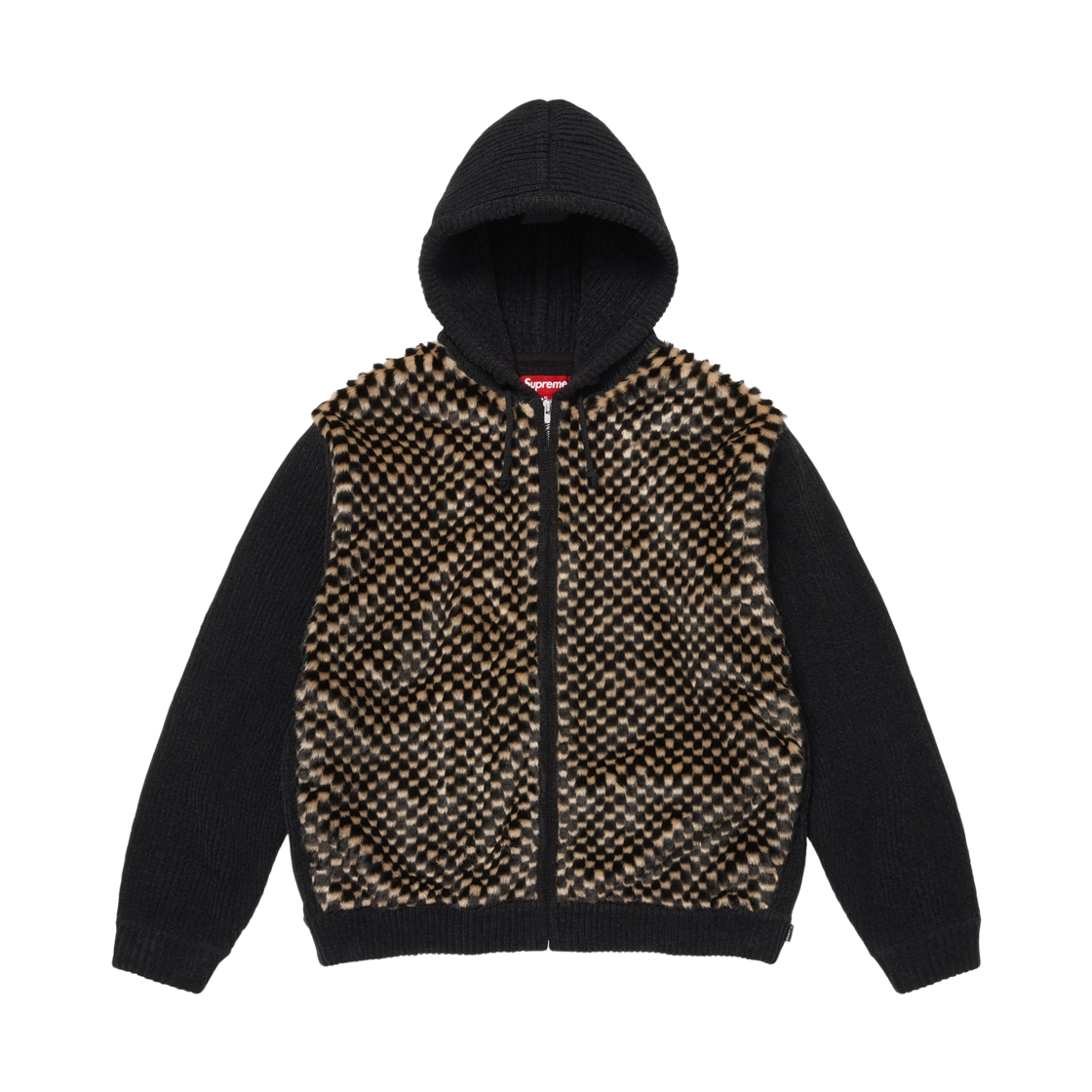 슈프림 체커보드 포우 퍼 집업 후드 스웨터 블랙 - 26SS(Supreme Checkerboard Faux Fur Zip Up Hooded Sweater Black - 26SS) - 1