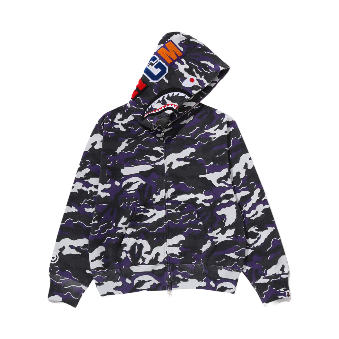 (W) 베이프 글리치 우드랜드 카모 샤크 풀 집 후드 퍼플((W) BAPE Glitch Woodland Camo Shark Full Zip Hoodie Purple)