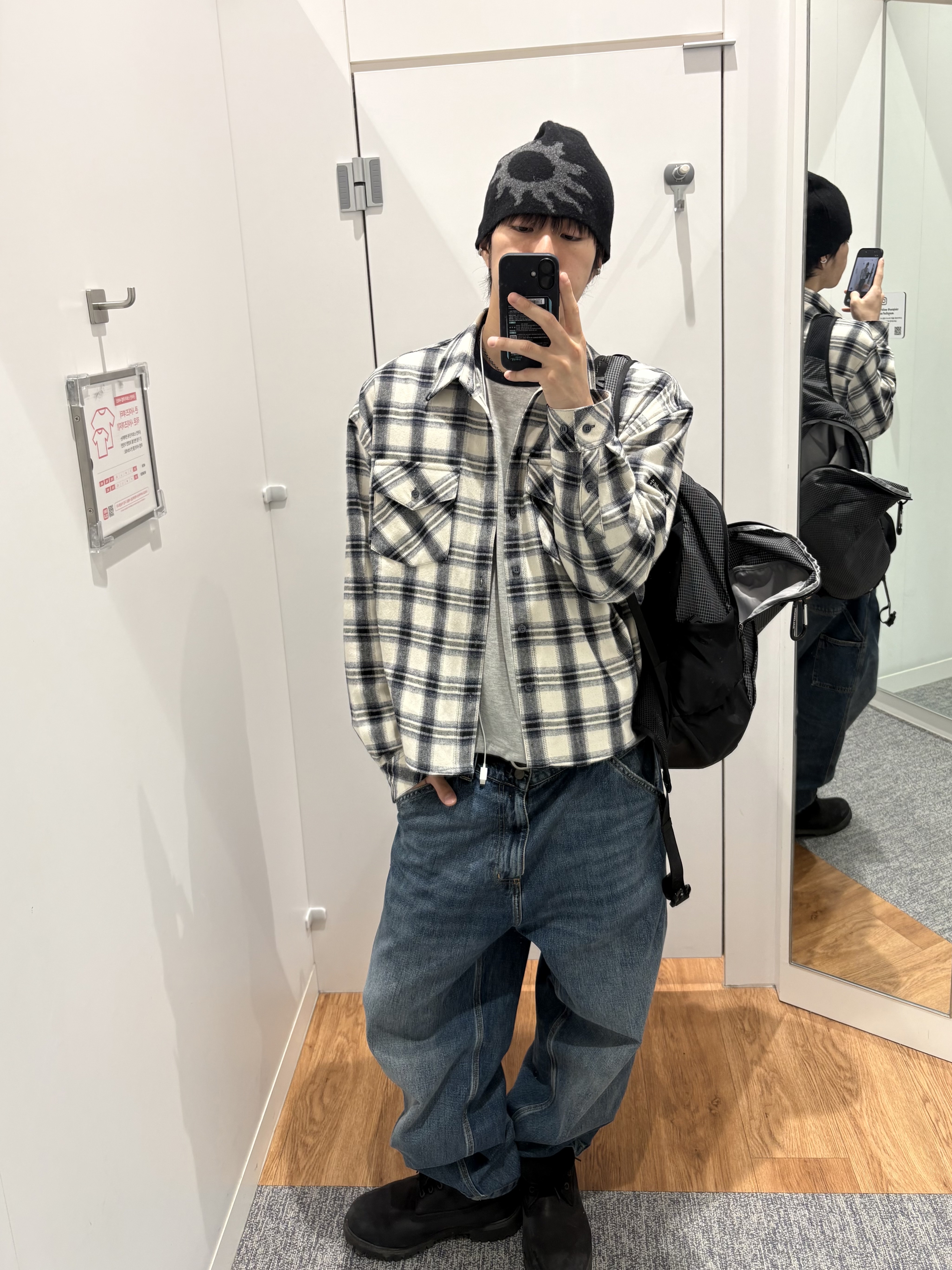 [더블적립]Farfromwhat Far Logo Flannel Shirts, Carhartt WIP Smith Denim Single Knee Pants Blue Stone Washed 착용 스타일 - 8