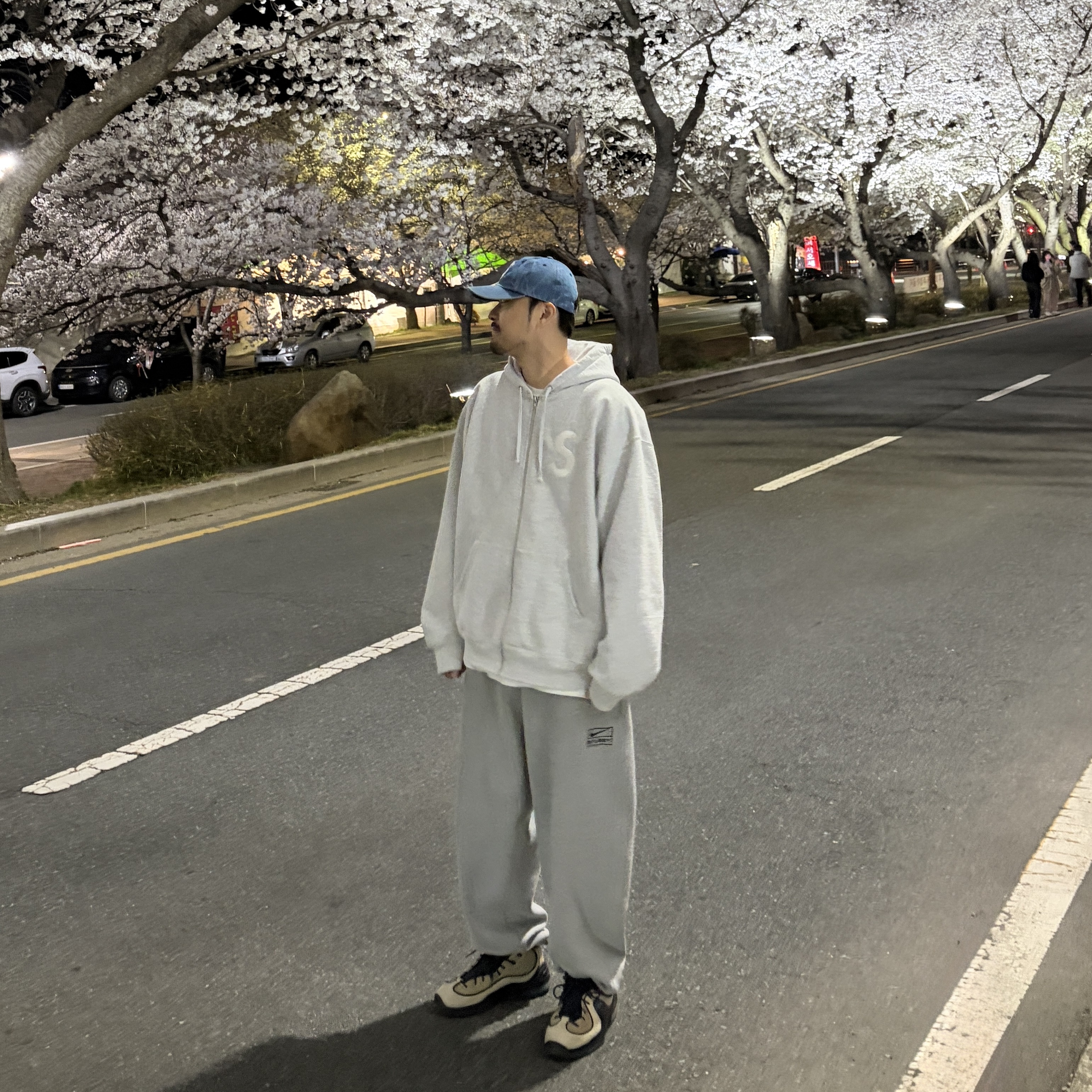 Supreme S Logo Zip Up Hooded Sweatshirt Ash Grey - 24FW, Nike x Stussy NRG Fleece Pants Dark Grey Heather (DO9340-063) 착용 스타일
