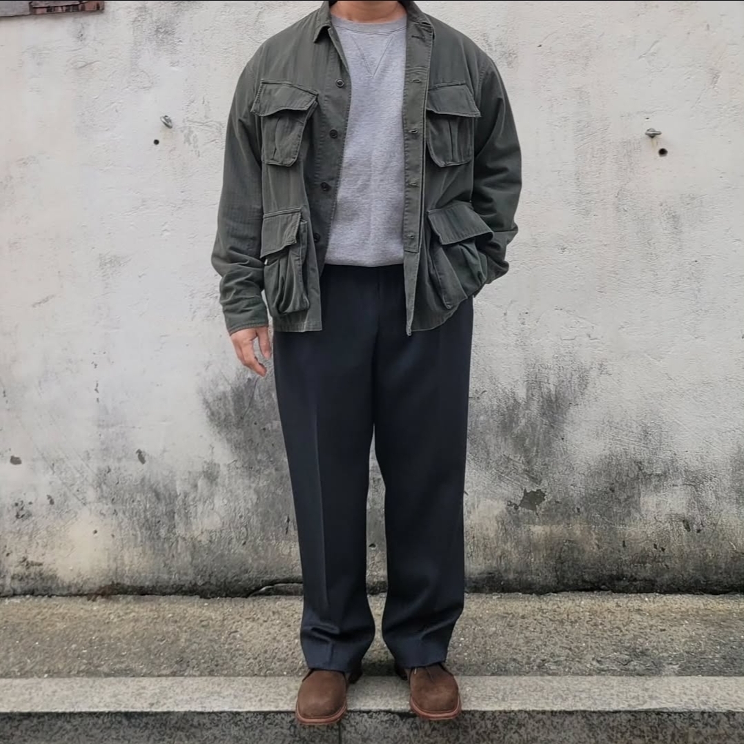 A.Presse Vintage US Army Jungle Fatigue Jacket Olive - 25FW, Alden 1493 Suede Unlined Chukka Boot Snuff - E 착용 스타일 - 1