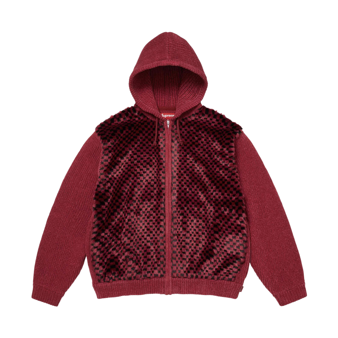 - Supreme Checkerboard Faux Fur Zip Up Hooded Sweater Red - 26SS