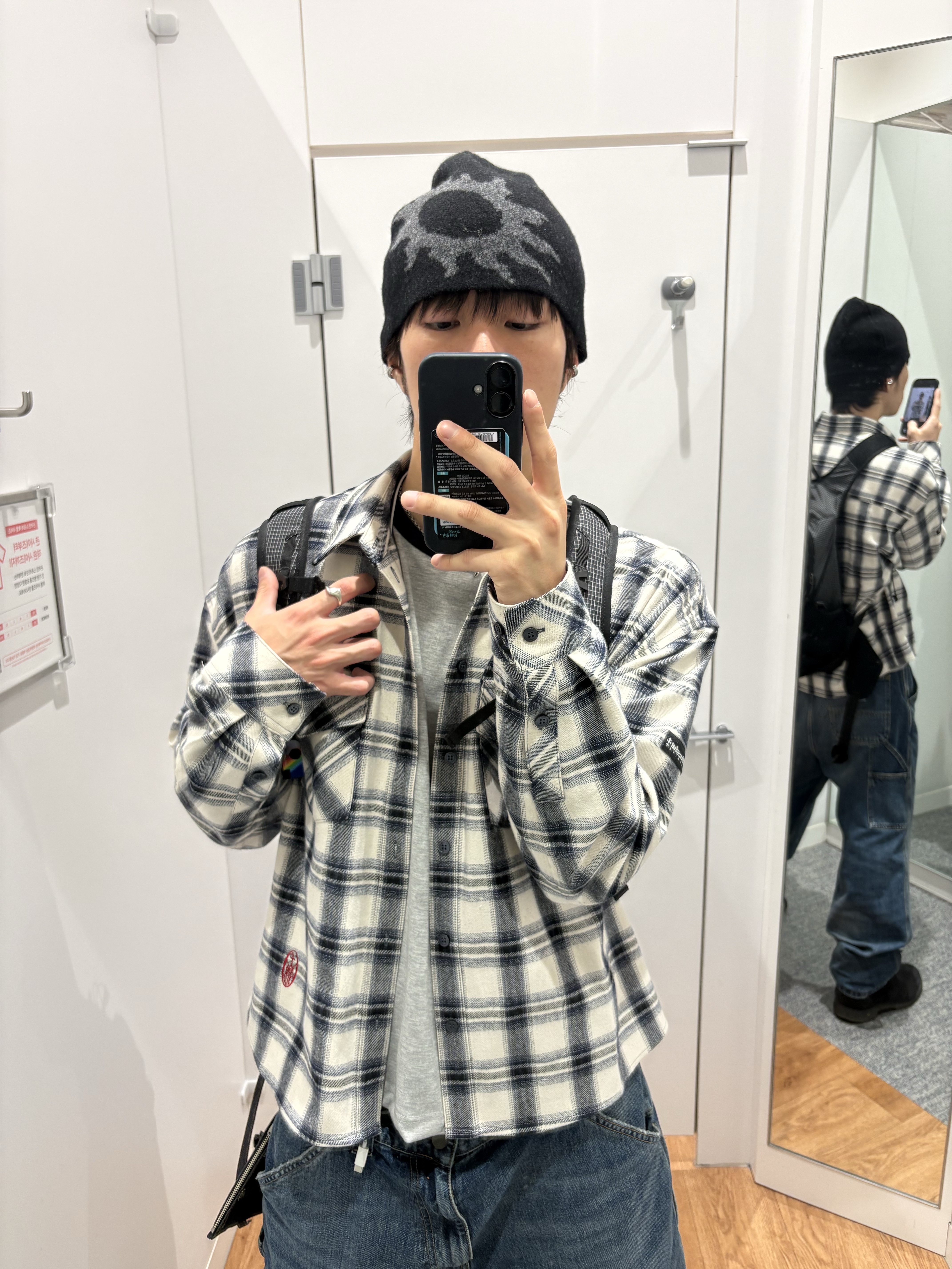[더블적립]Farfromwhat Far Logo Flannel Shirts, Carhartt WIP Smith Denim Single Knee Pants Blue Stone Washed 착용 스타일 - 6