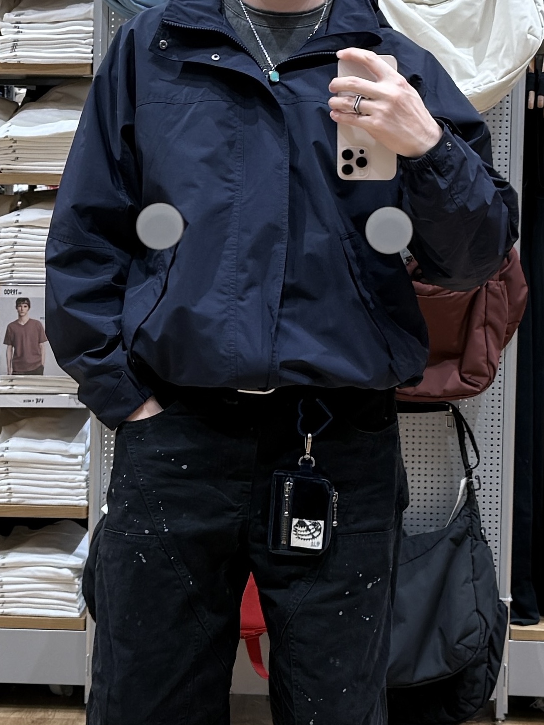 Uniqlo Windproof Stand Collar Blouson Navy - JP, ETCE Gear Velvet Pouch Keyring Navy 착용 스타일