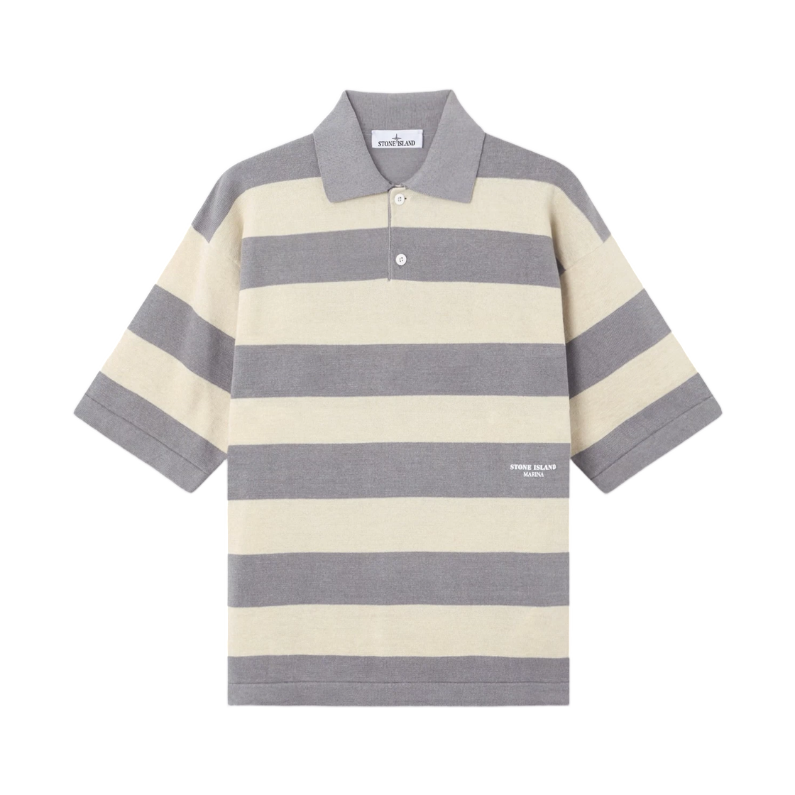 L1S1551000-42S00XF-V0M93 Stone Island 5100042 Striped Raw Hand Organic Cotton + Linen_S.I. Marina Oversized-Fit Polo with Stone Island Marina Print Ivory Melange - 26SS