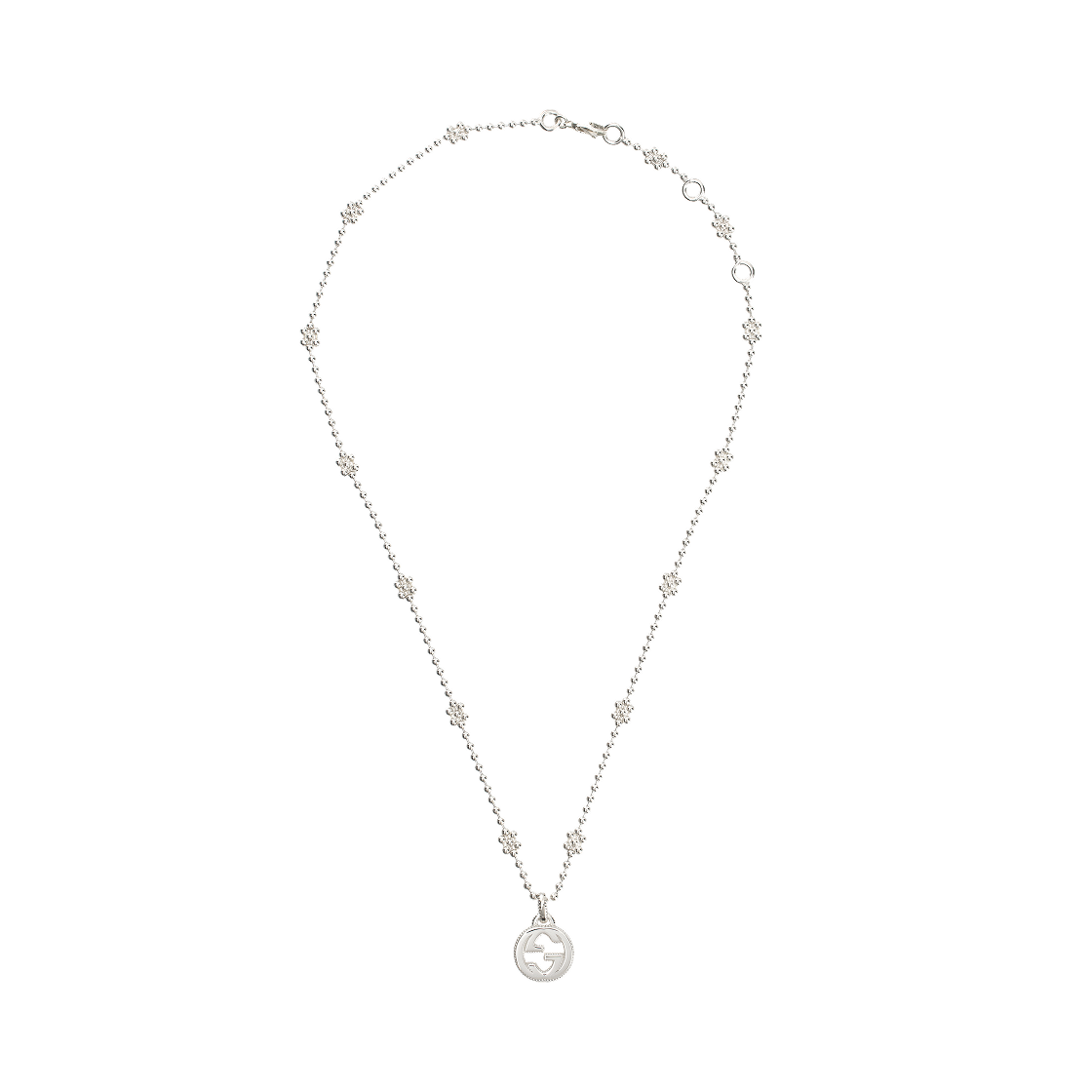 구찌 인터로킹 G 펜던트 플라워 모티프 체인 네클리스 실버(Gucci Interlocking G Pendant Flower Motif Chain Necklace Silver)