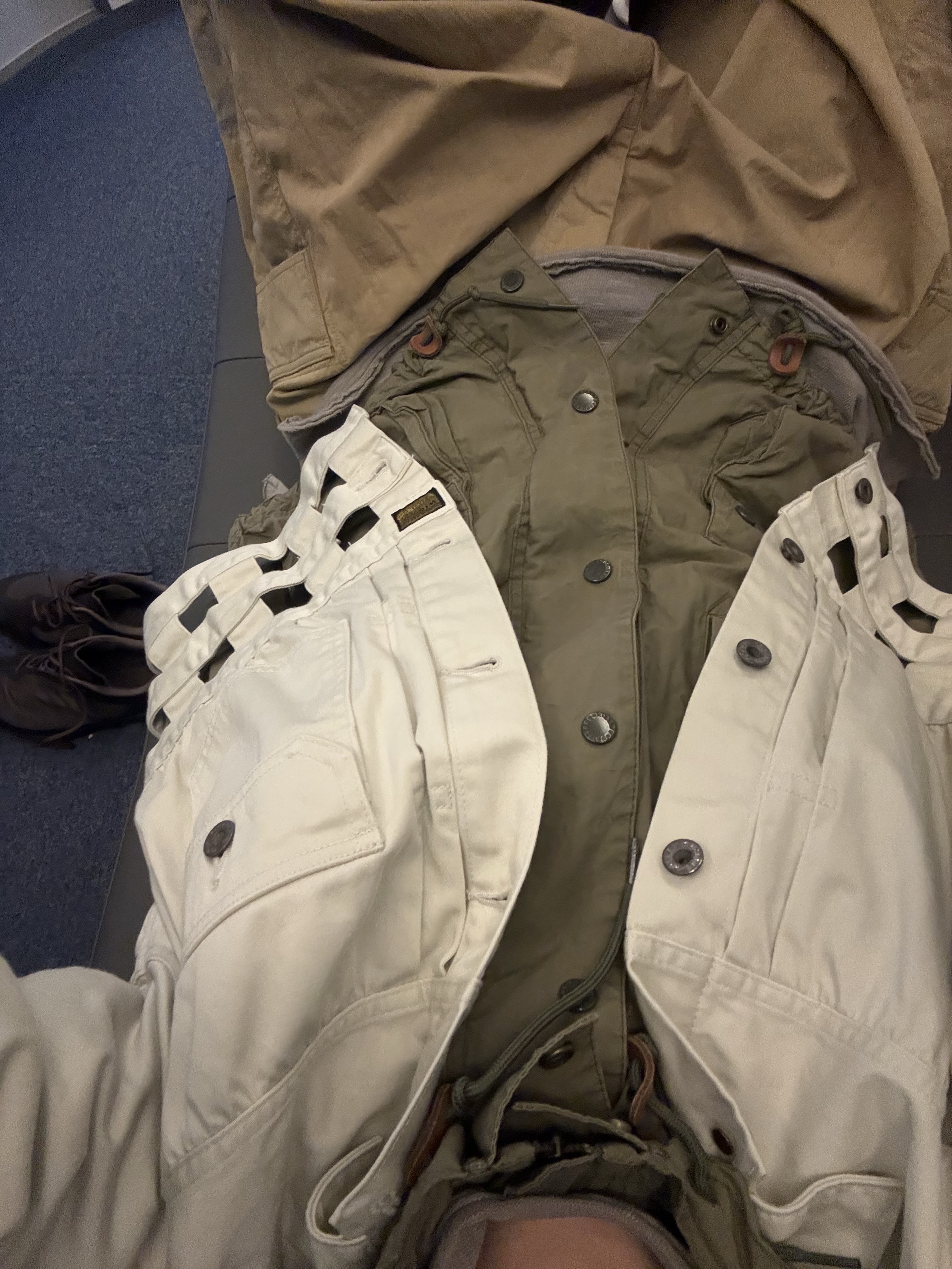 Kapital Vintage Satin Windowpane 1st Jacket Kinari, Kapital Ripstop Jumbo Cargo Pants Beige 착용 스타일 - 3
