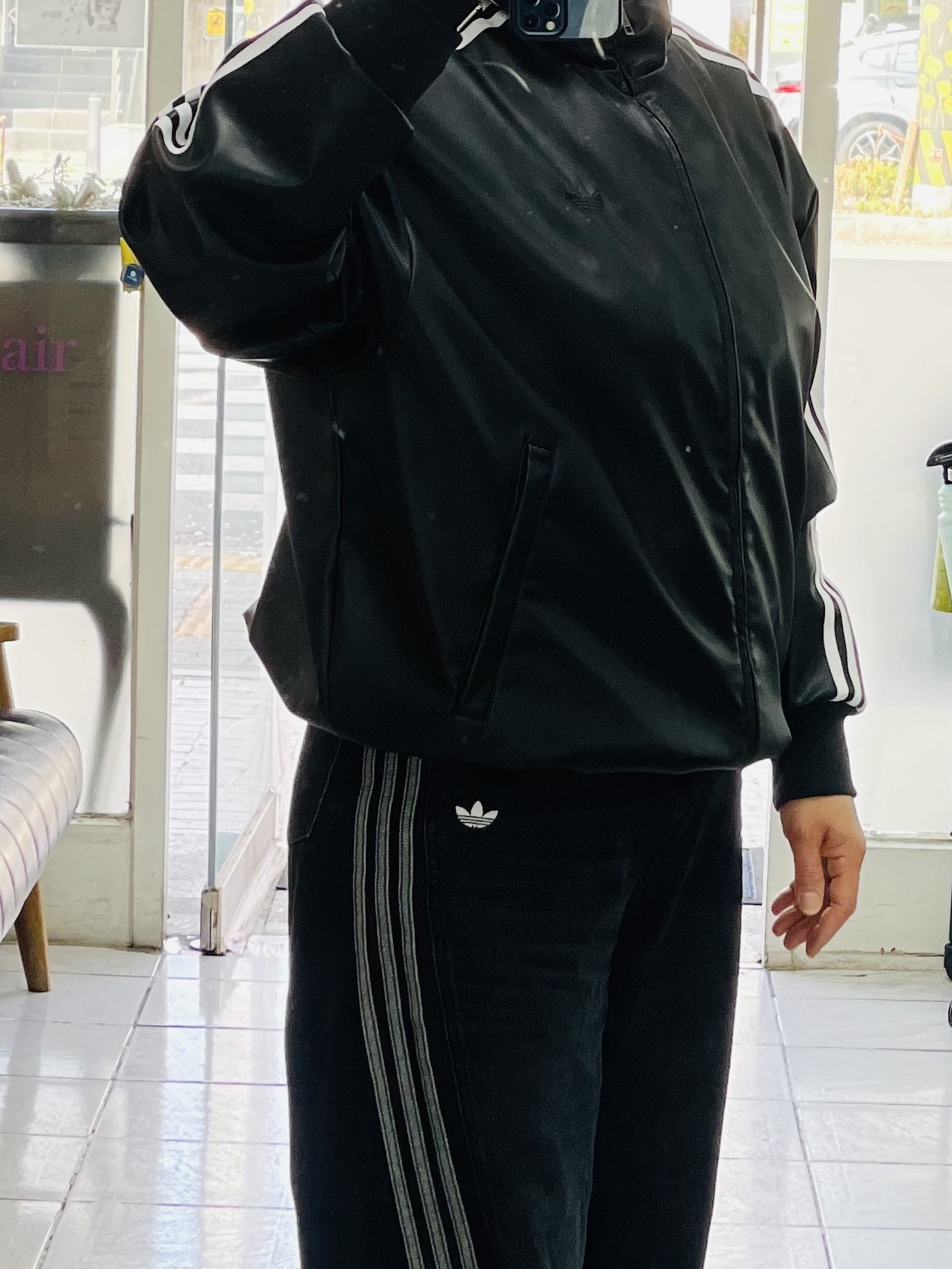 Adidas Pleather 3S Track Top Black - KR Sizing 착용 스타일 - 3