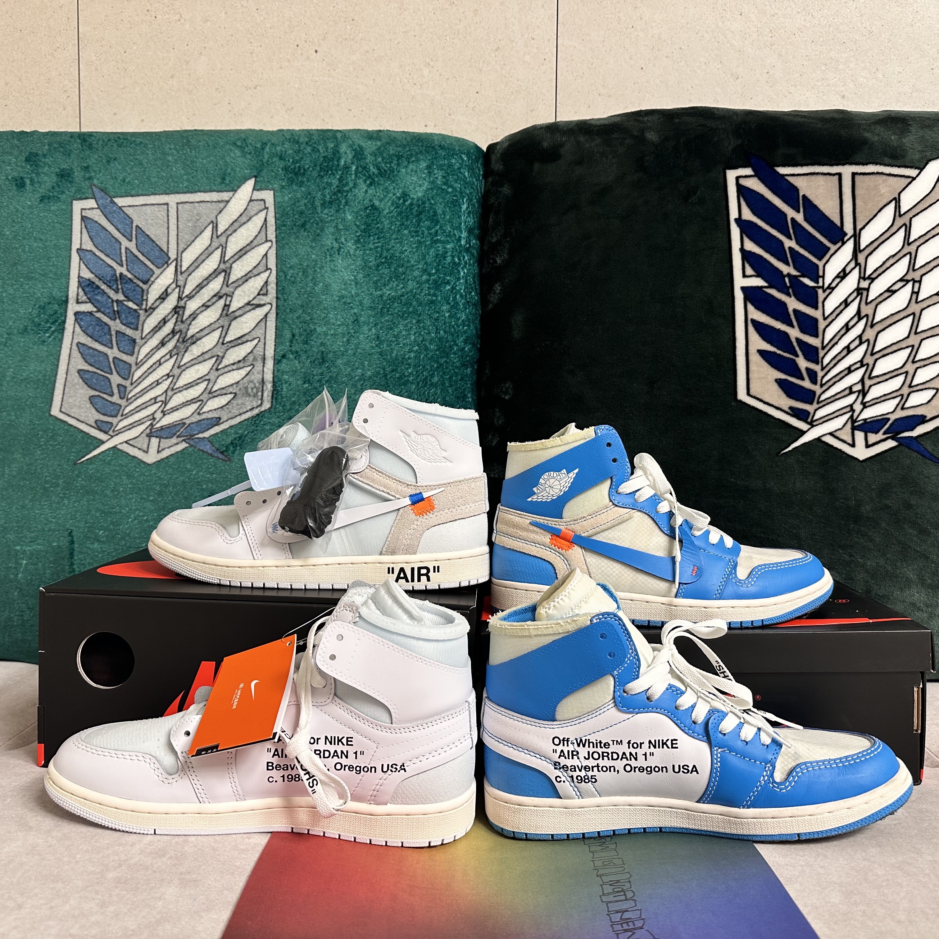 Jordan 1 x Virgil Abloh Archive Retro High Alaska White, Jordan 1 x Off-White Retro High University Blue 착용 스타일