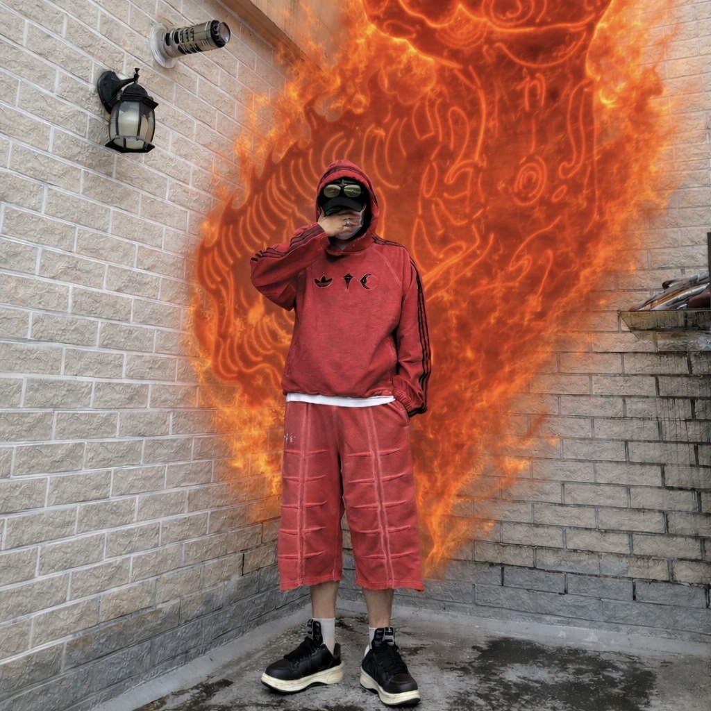 Adidas x Thug Club Sweat Hoodie Power Red - KR Sizing, Adidas x Thug Club Bermuda Shorts Power Red - KR Sizing 착용 스타일 - 2