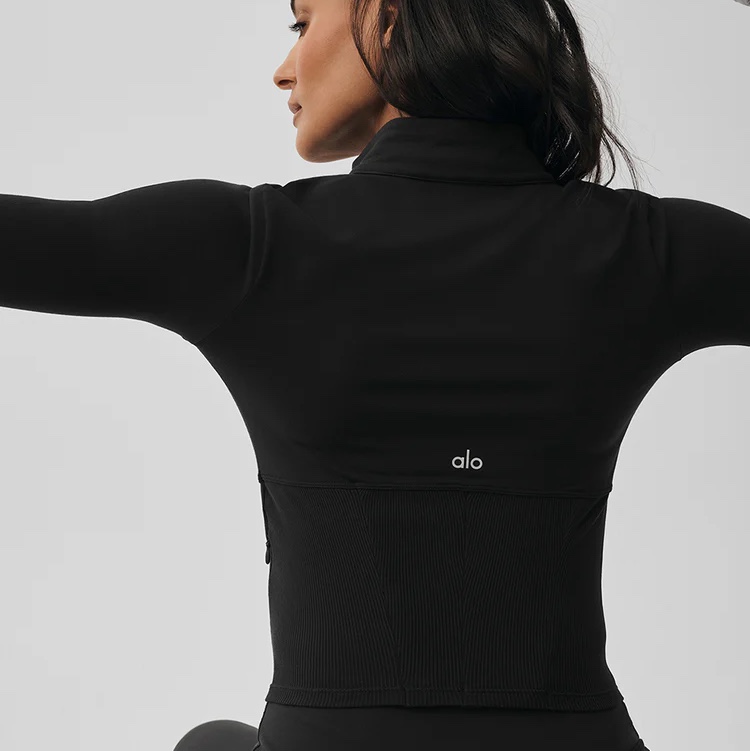 (W) Alo Yoga Airbrush Corset Full Zip Jacket Black, (W) Alo Yoga Splendor Bra Black 착용 스타일 - 2