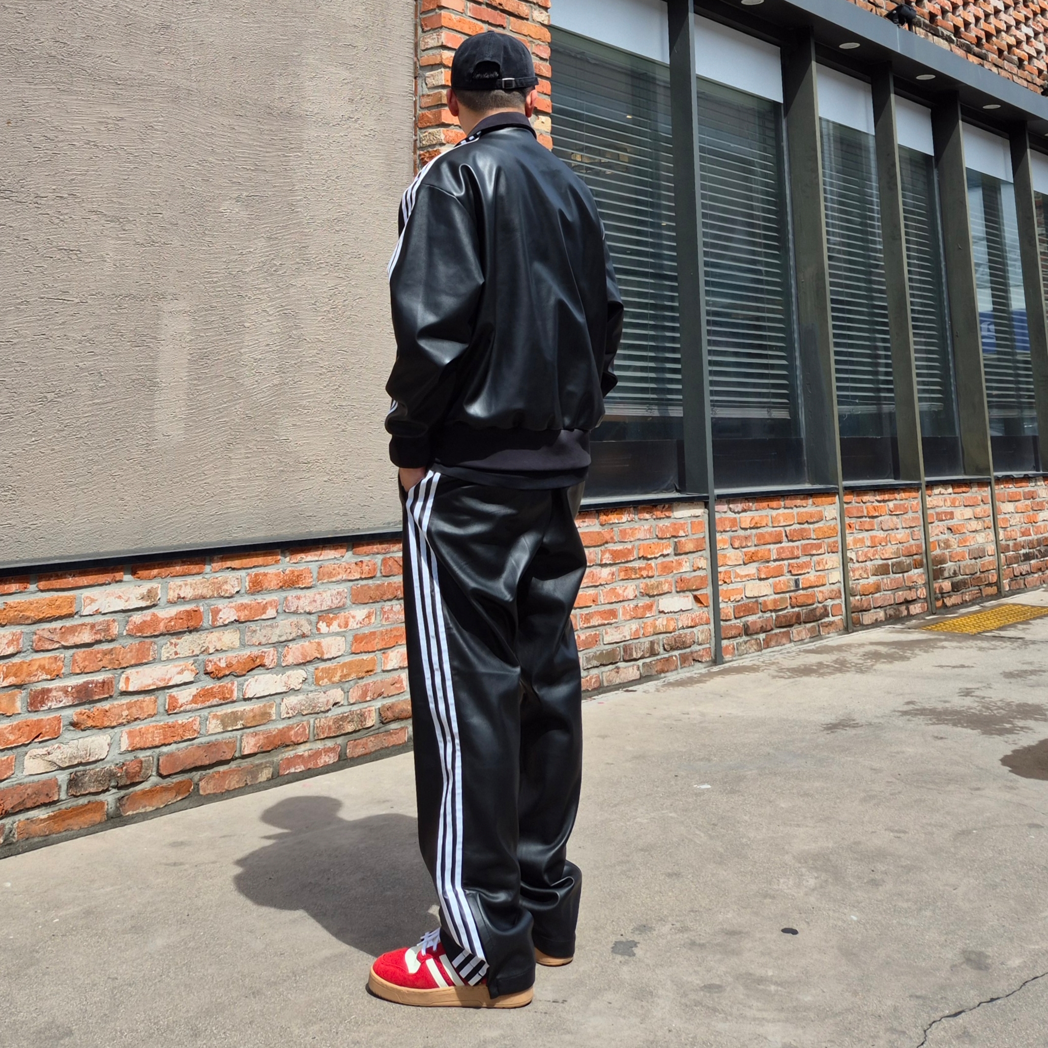 Adidas Pleather 3S Track Top Black - KR Sizing, Adidas Faux Leather Adicolor 3S Firebird Track Pants Black - KR Sizing 착용 스타일 - 3